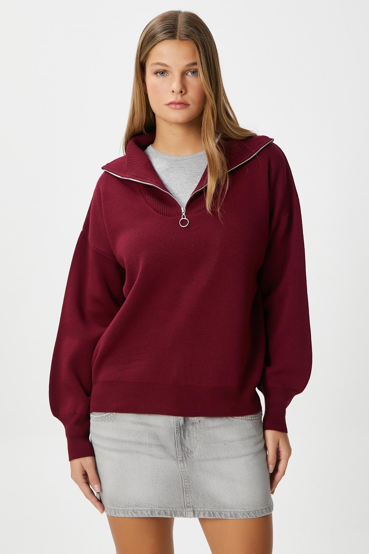 Kadın Bruno Basic Fermuarlı Bordo Kazak