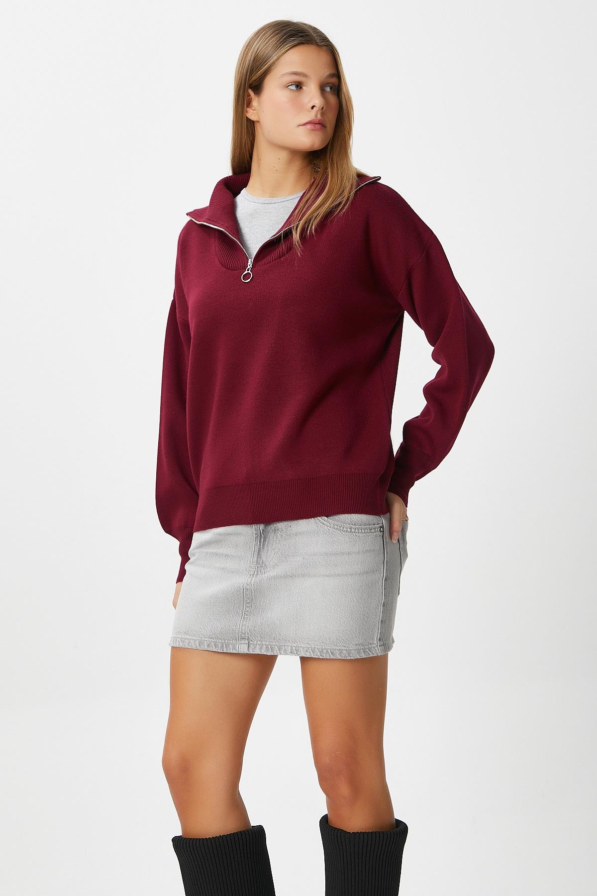 Kadın Bruno Basic Fermuarlı Bordo Kazak