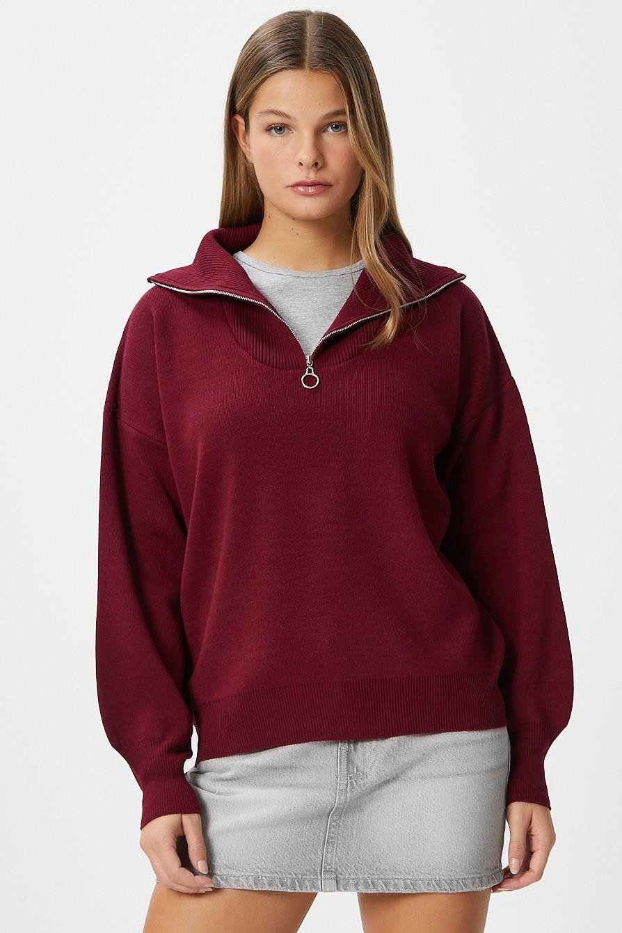 Kadın Bruno Basic Fermuarlı Bordo Kazak