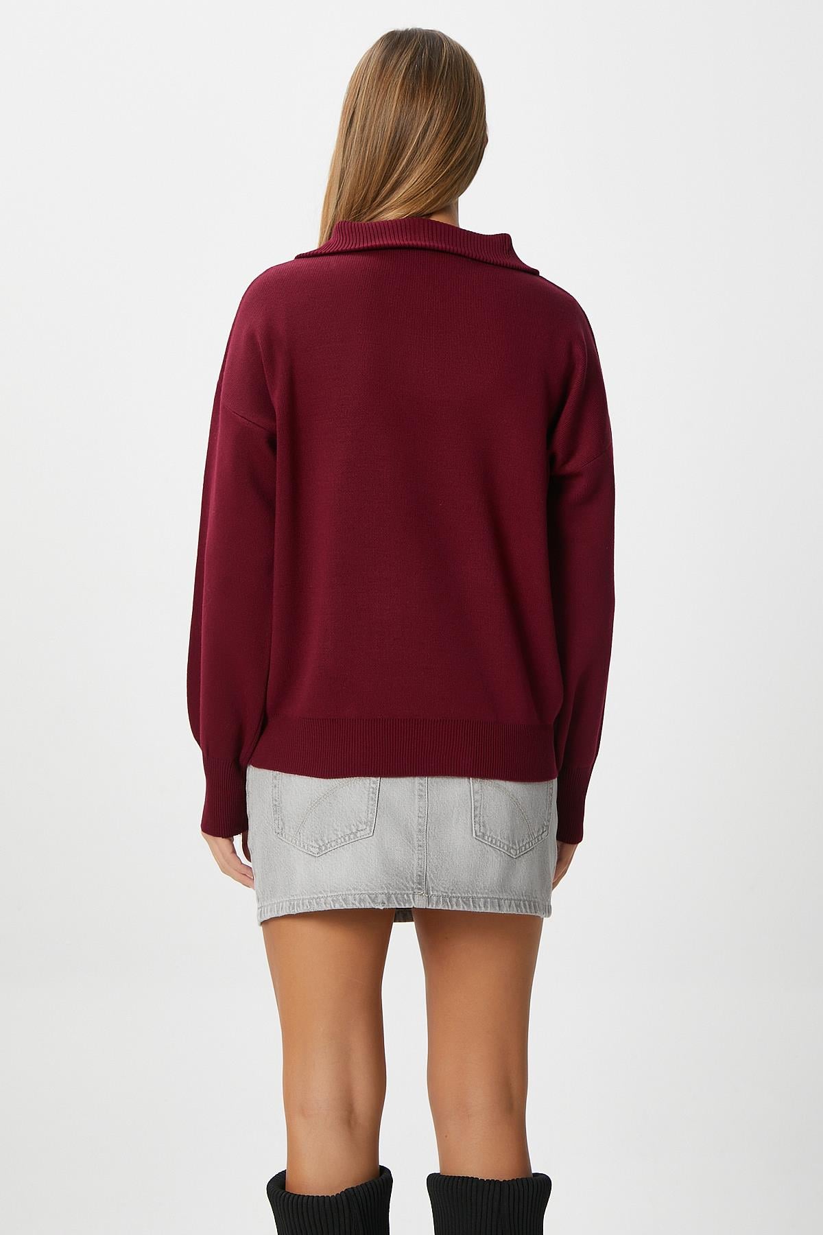 Kadın Bruno Basic Fermuarlı Bordo Kazak