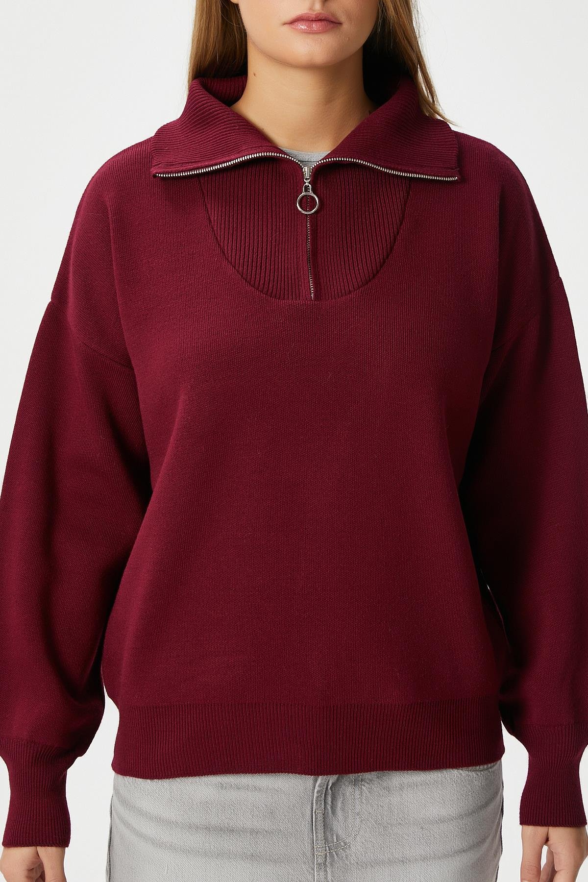 Kadın Bruno Basic Fermuarlı Bordo Kazak