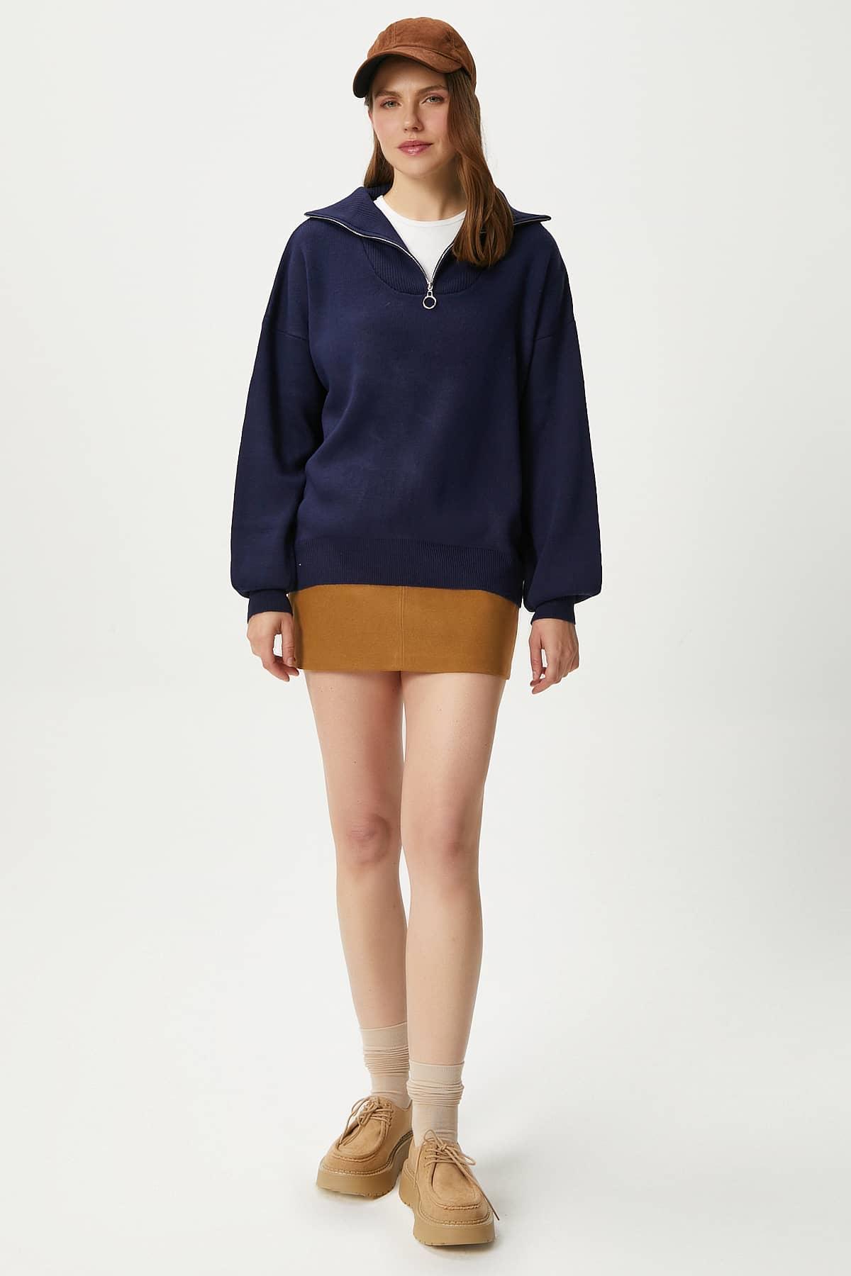 Kadın Bruno Basic Fermuarlı Lacivert Kazak