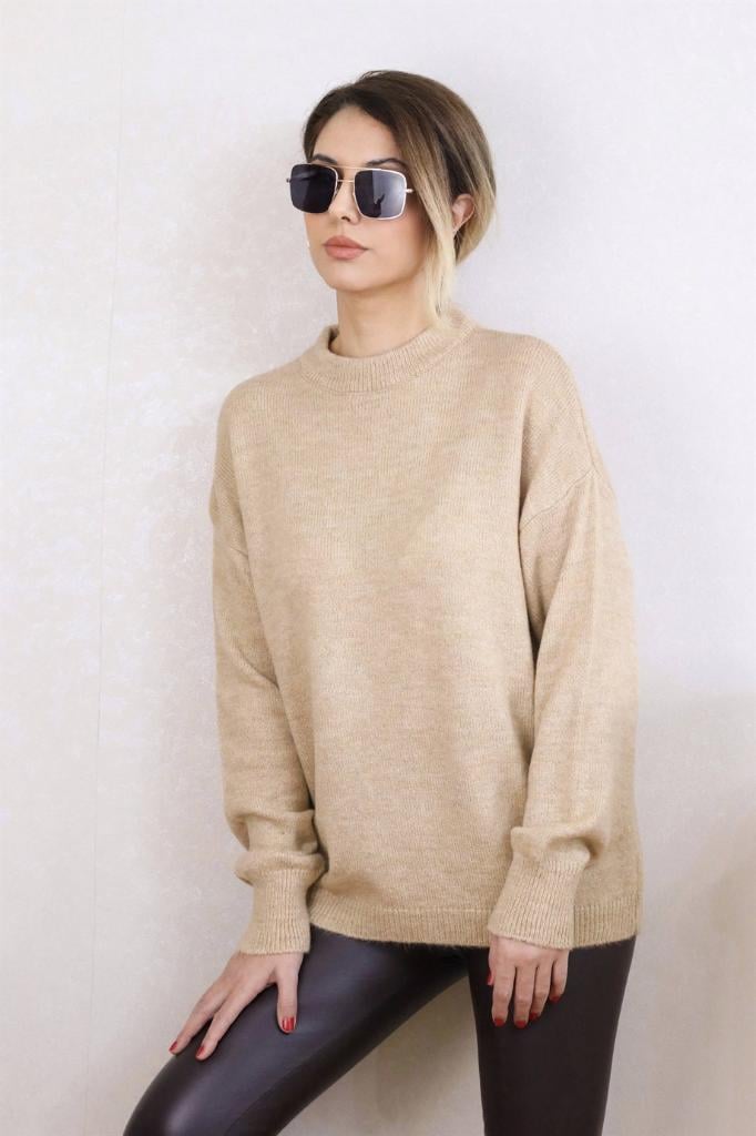 Kadın Camel Oversize Basic Kazak