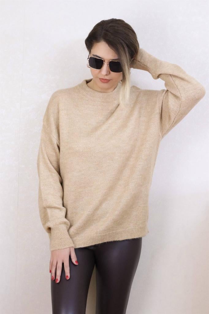 Kadın Camel Oversize Basic Kazak