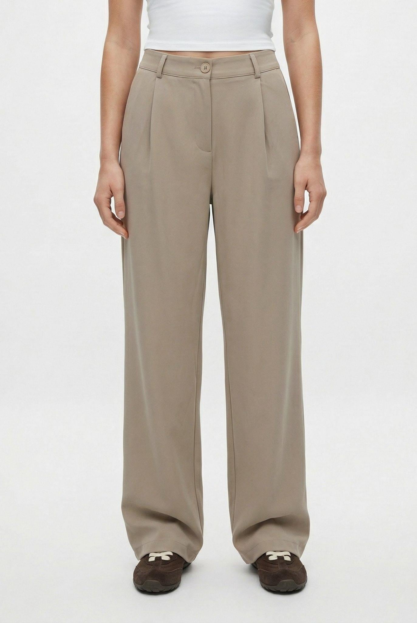 Kadın Cedric Poliviskon Düğmeli Arkadan Lastikli Bej Dokuma Pantolon