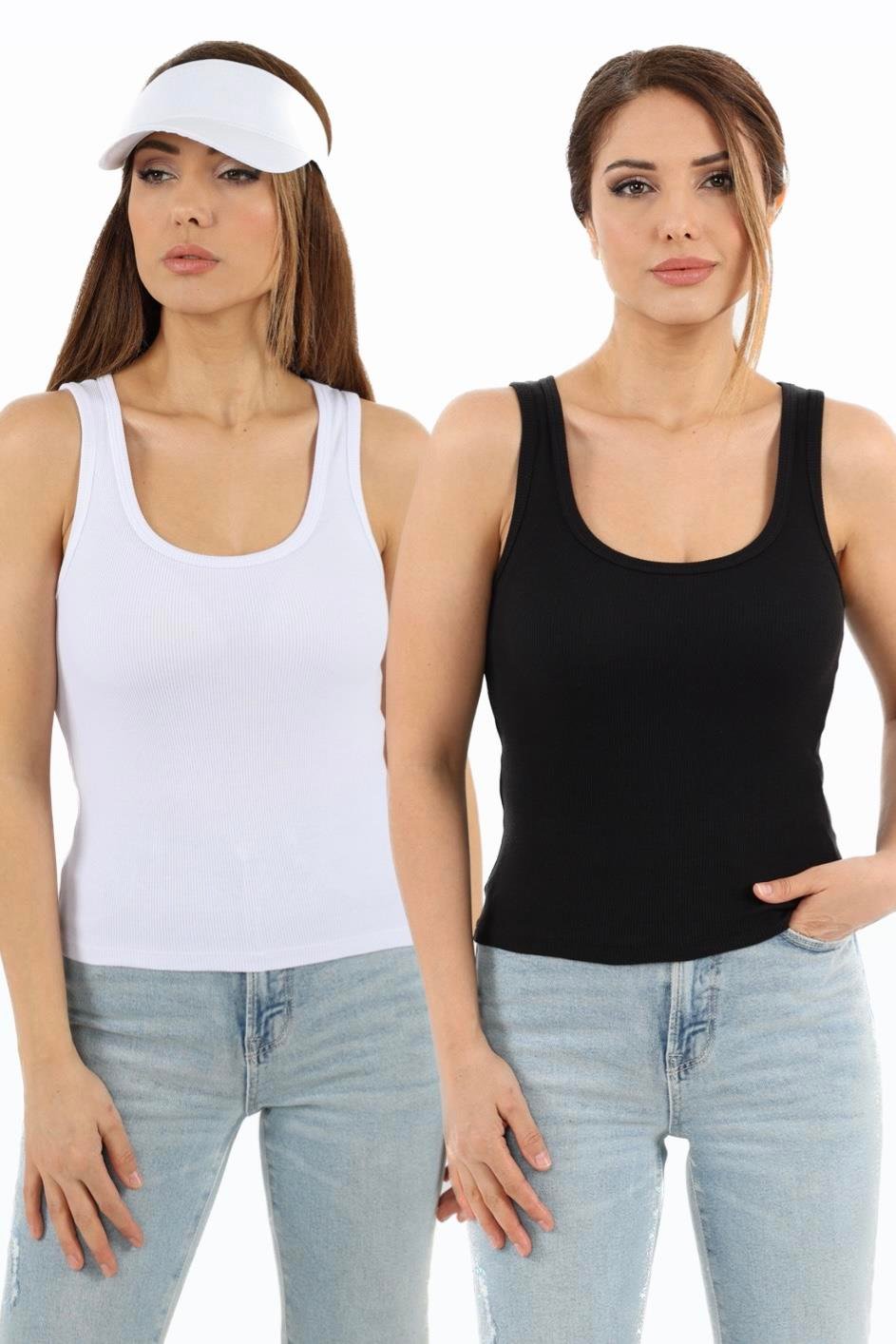 Kadın Cotton Premium 2’li Set Beyaz Siyah Pamuklu Basic Fitilli Atlet