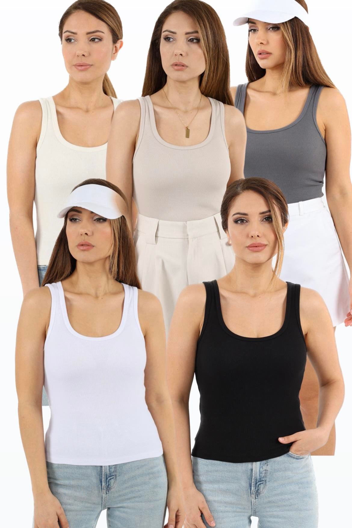 Kadın Cotton Premium 5’li Set Bej, Krem, Beyaz, Antrasit, Siyah Pamuklu Basic Fitilli Atlet