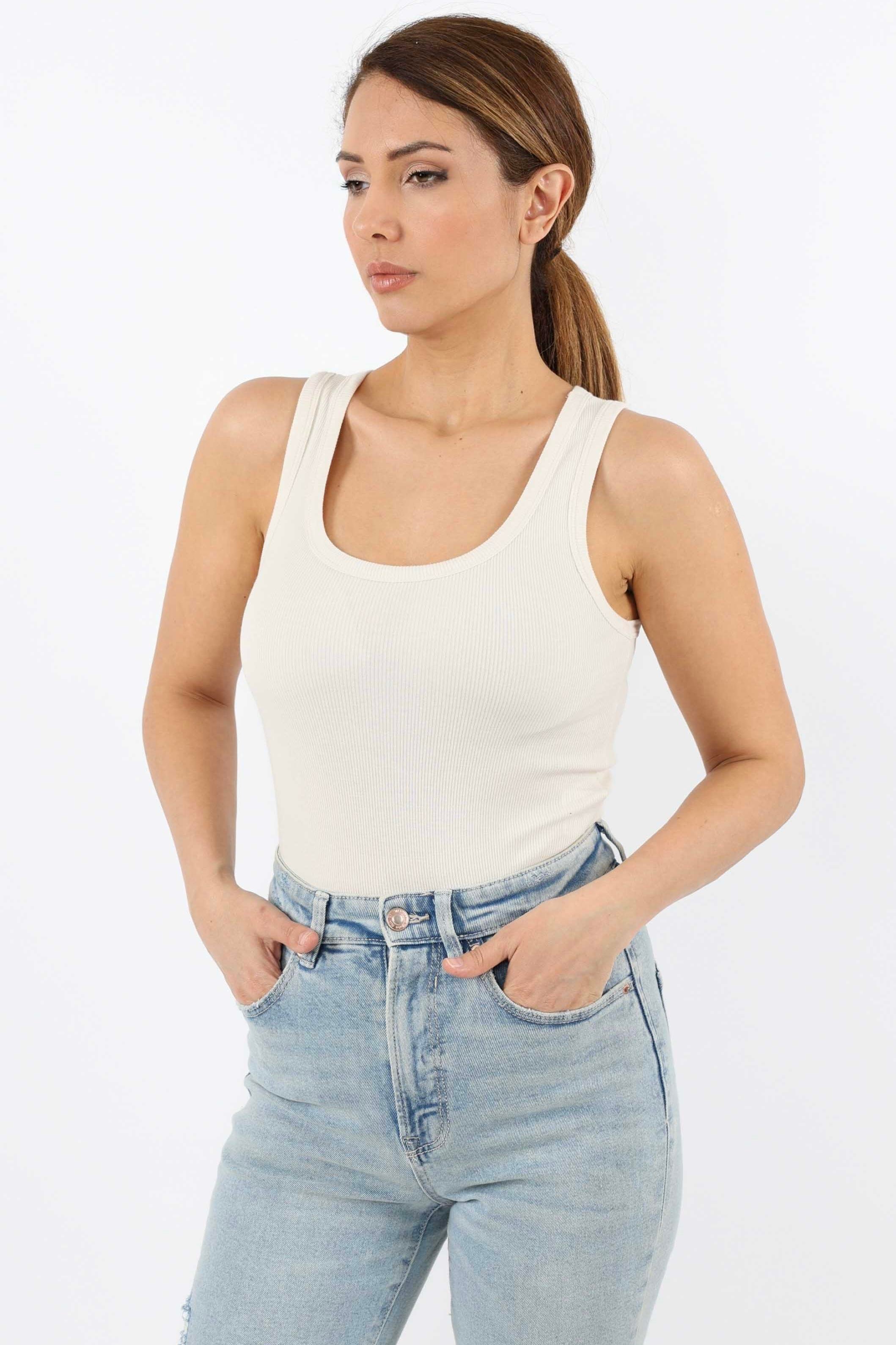 Kadın Cotton Premium Doku Krem Pamuklu Basic Fitilli Atlet