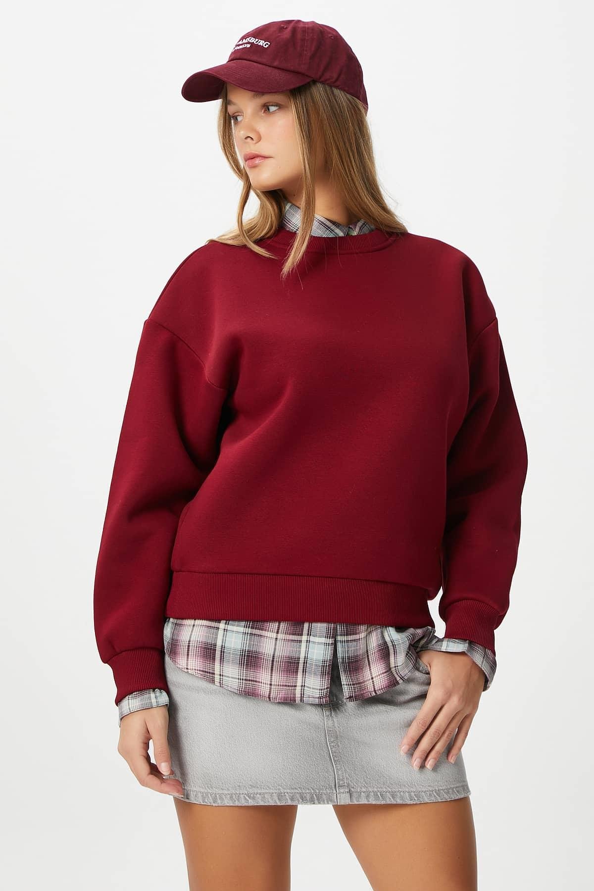 Kadın Cozy İçi Polarlı Bordo Basic Bisiklet Yaka Pamuklu Kalın Örme Sweatshirt