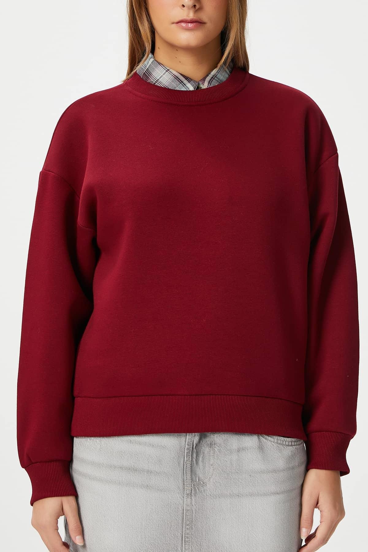 Kadın Cozy İçi Polarlı Bordo Basic Bisiklet Yaka Pamuklu Kalın Örme Sweatshirt
