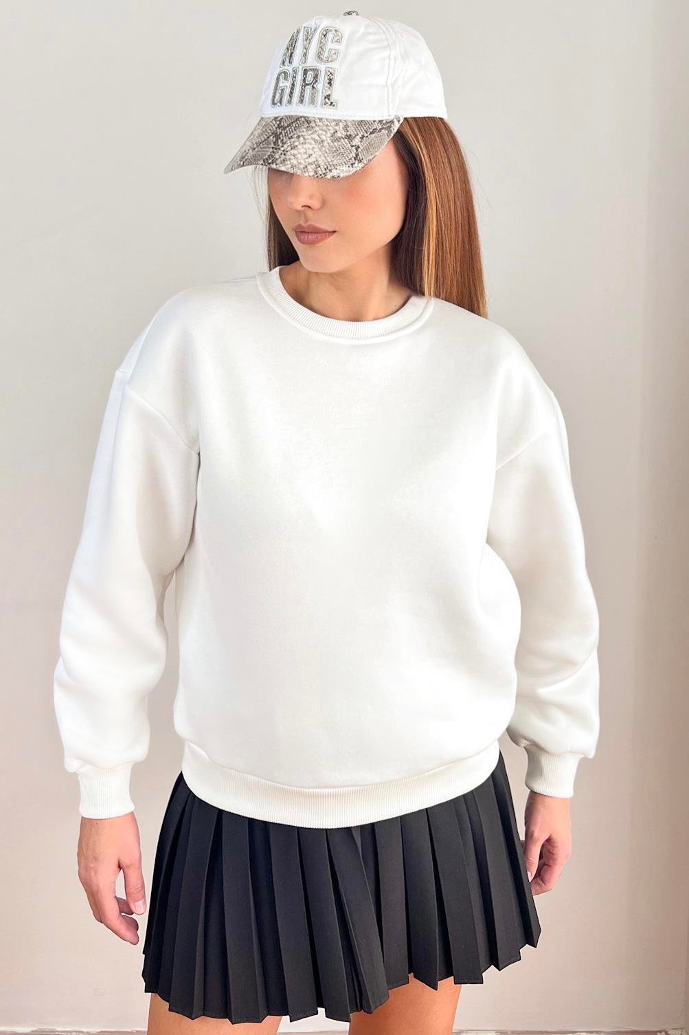 Kadın Cozy İçi Polarlı Ekru Basic Bisiklet Yaka Pamuklu Kalın Örme Sweatshirt