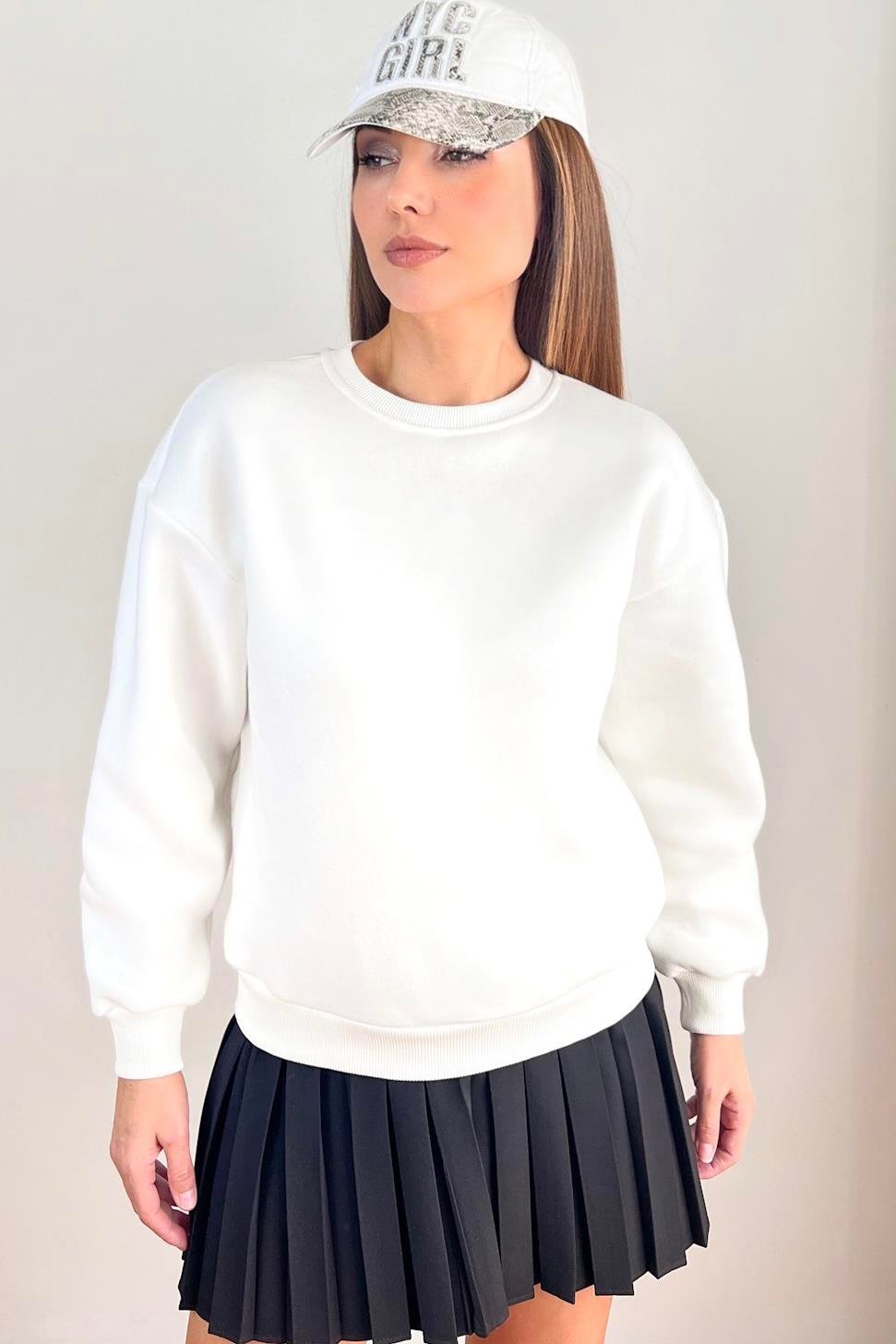 Kadın Cozy İçi Polarlı Ekru Basic Bisiklet Yaka Pamuklu Kalın Örme Sweatshirt