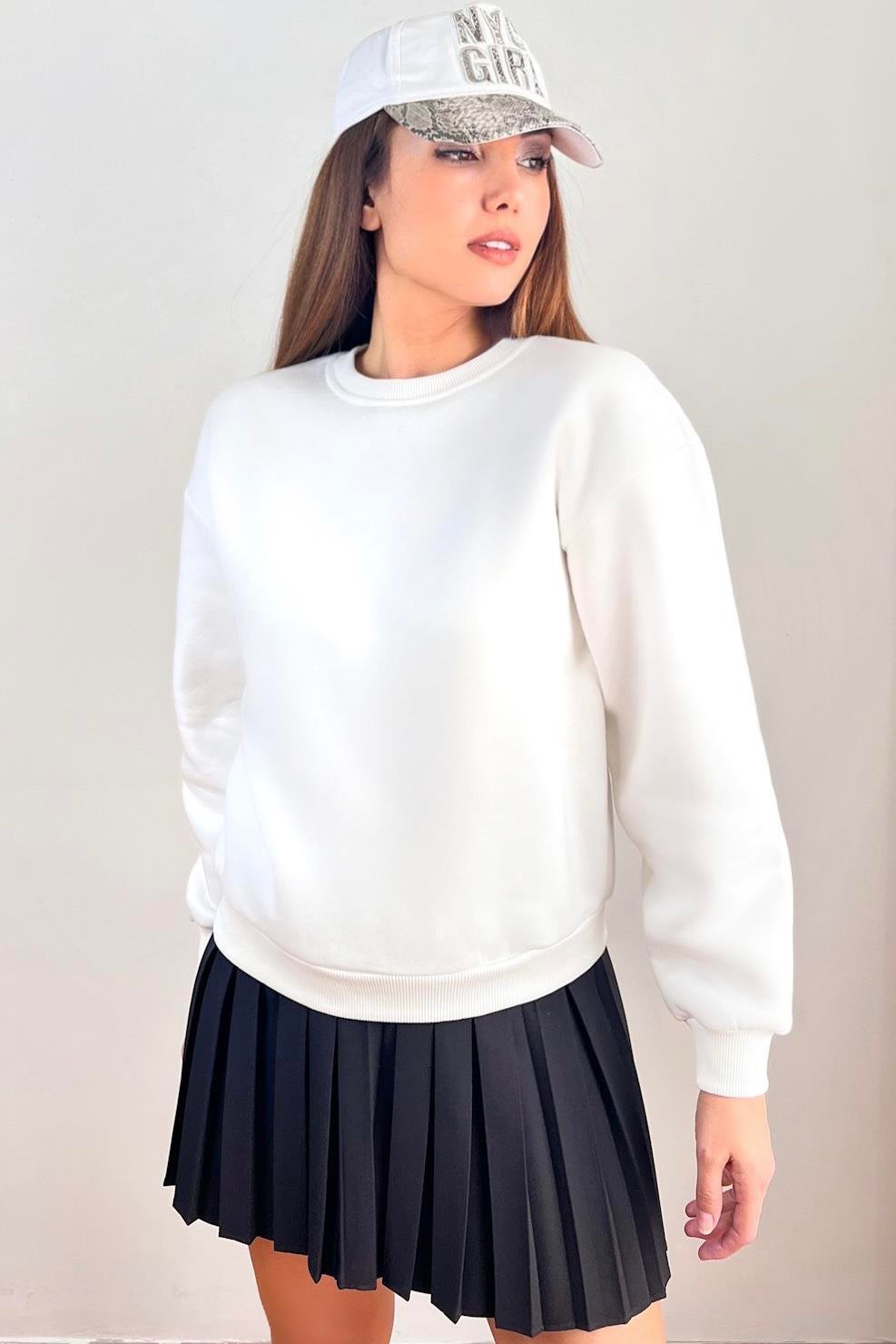 Kadın Cozy İçi Polarlı Ekru Basic Bisiklet Yaka Pamuklu Kalın Örme Sweatshirt