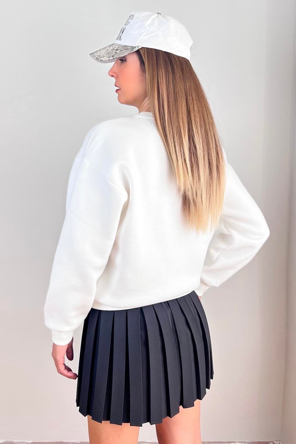 Kadın Cozy İçi Polarlı Ekru Basic Bisiklet Yaka Pamuklu Kalın Örme Sweatshirt