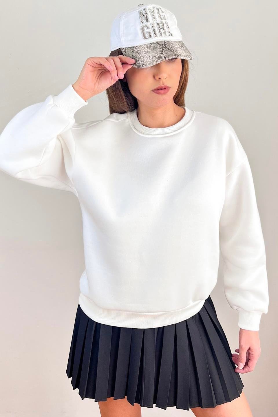 Kadın Cozy İçi Polarlı Ekru Basic Bisiklet Yaka Pamuklu Kalın Örme Sweatshirt