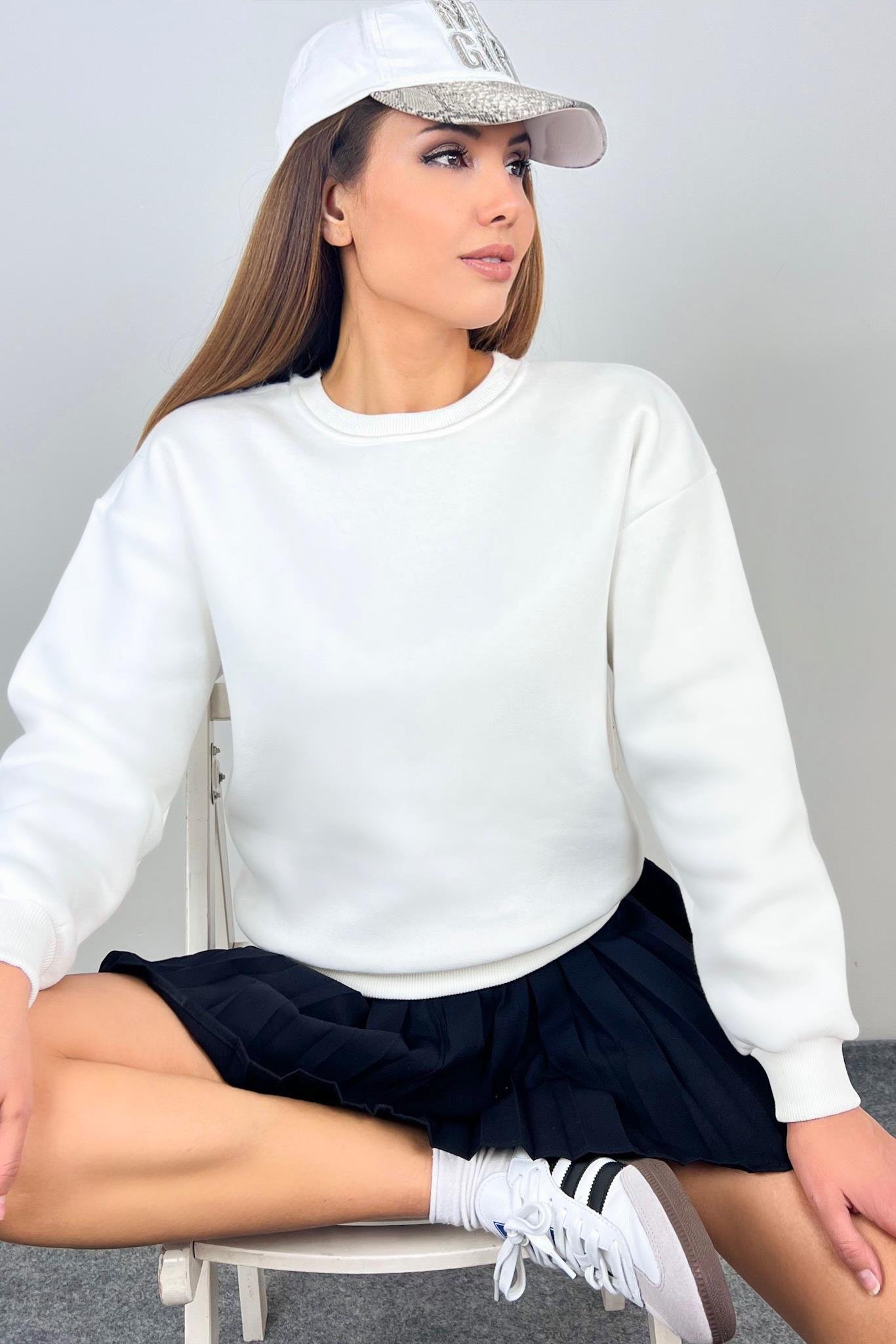 Kadın Cozy İçi Polarlı Ekru Basic Bisiklet Yaka Pamuklu Kalın Örme Sweatshirt