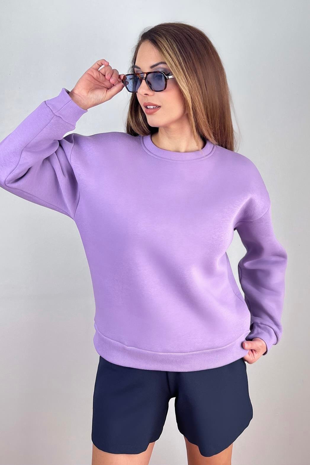 Kadın Cozy İçi Polarlı Mor Basic Bisiklet Yaka Pamuklu Kalın Örme Sweatshirt