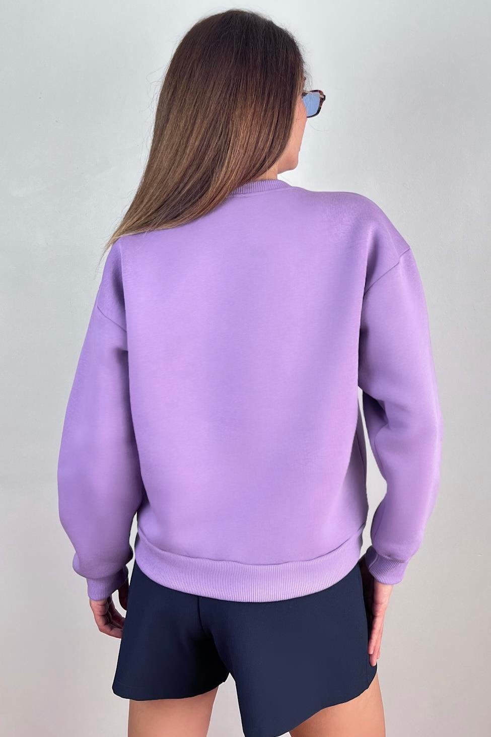 Kadın Cozy İçi Polarlı Mor Basic Bisiklet Yaka Pamuklu Kalın Örme Sweatshirt