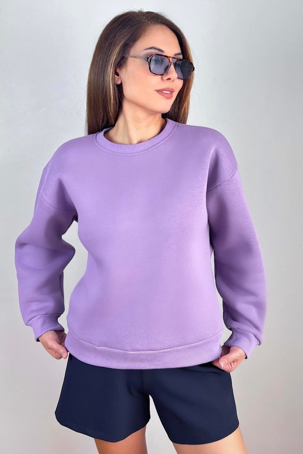 Kadın Cozy İçi Polarlı Mor Basic Bisiklet Yaka Pamuklu Kalın Örme Sweatshirt