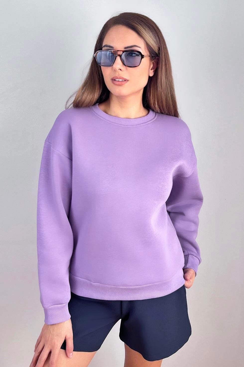 Kadın Cozy İçi Polarlı Mor Basic Bisiklet Yaka Pamuklu Kalın Örme Sweatshirt