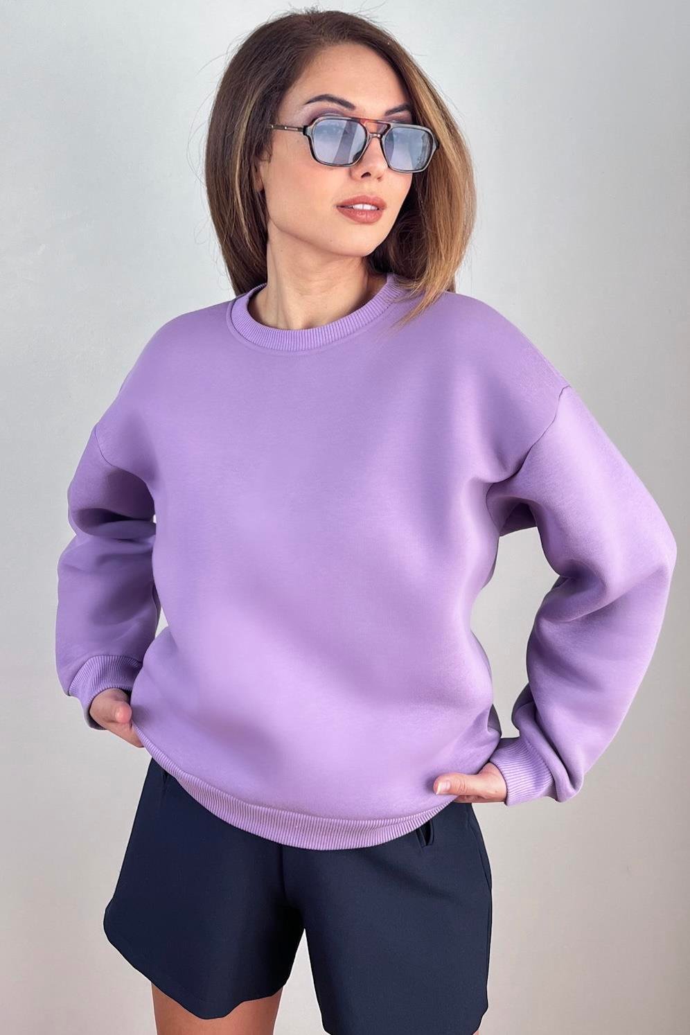 Kadın Cozy İçi Polarlı Mor Basic Bisiklet Yaka Pamuklu Kalın Örme Sweatshirt