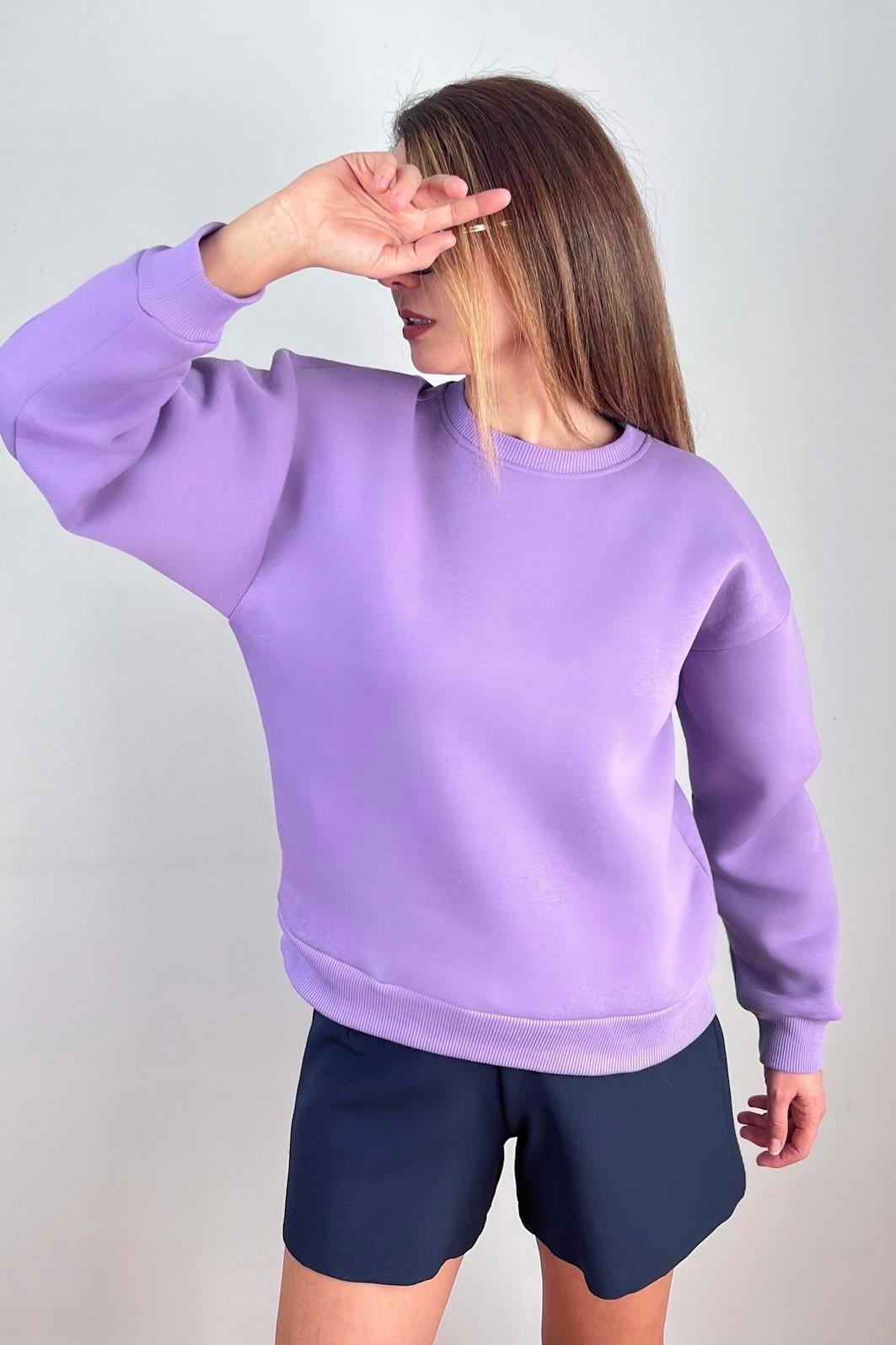 Kadın Cozy İçi Polarlı Mor Basic Bisiklet Yaka Pamuklu Kalın Örme Sweatshirt