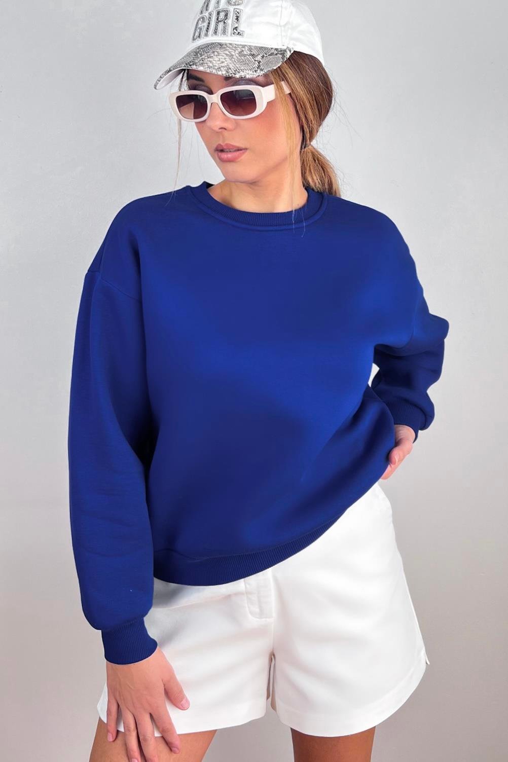 Kadın Cozy İçi Polarlı Saks Mavi Basic Bisiklet Yaka Pamuklu Kalın Örme Sweatshirt