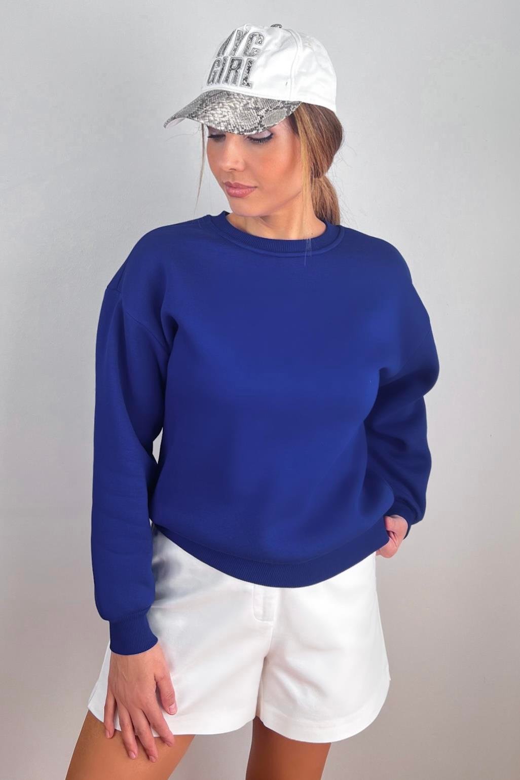 Kadın Cozy İçi Polarlı Saks Mavi Basic Bisiklet Yaka Pamuklu Kalın Örme Sweatshirt