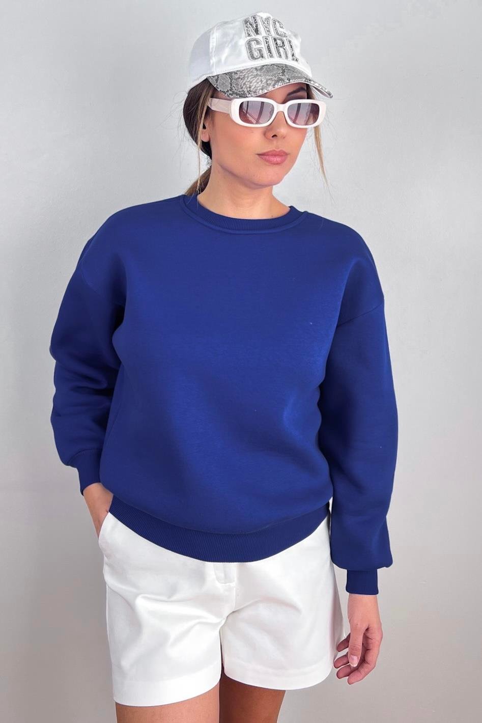Kadın Cozy İçi Polarlı Saks Mavi Basic Bisiklet Yaka Pamuklu Kalın Örme Sweatshirt