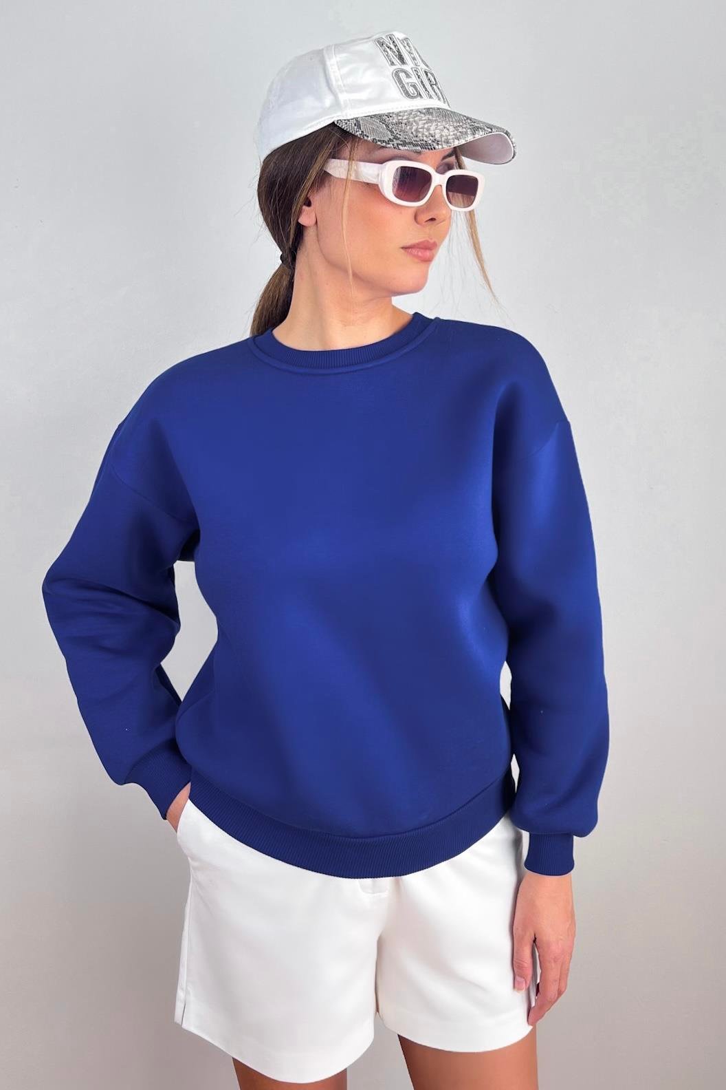 Kadın Cozy İçi Polarlı Saks Mavi Basic Bisiklet Yaka Pamuklu Kalın Örme Sweatshirt
