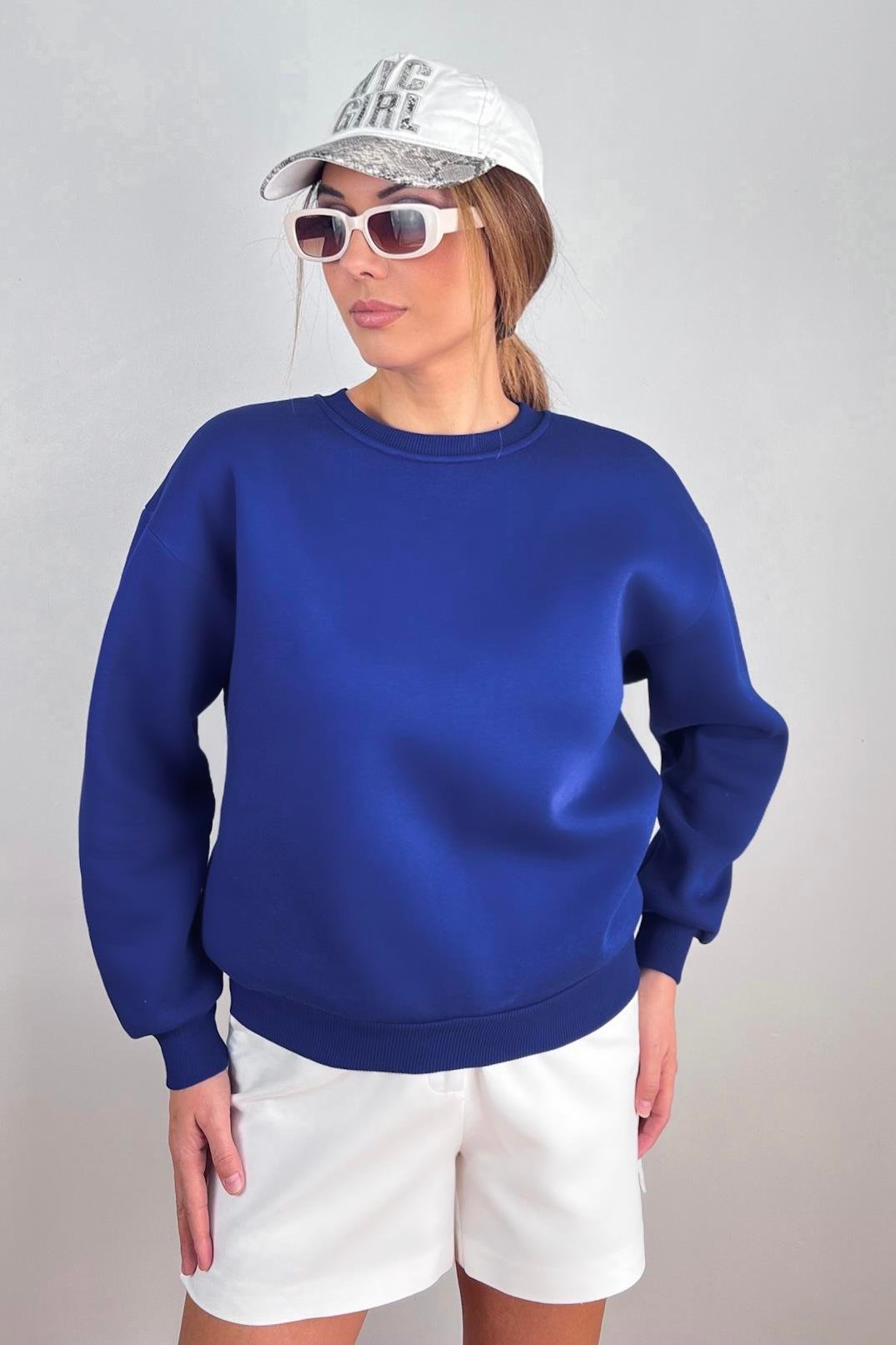 Kadın Cozy İçi Polarlı Saks Mavi Basic Bisiklet Yaka Pamuklu Kalın Örme Sweatshirt