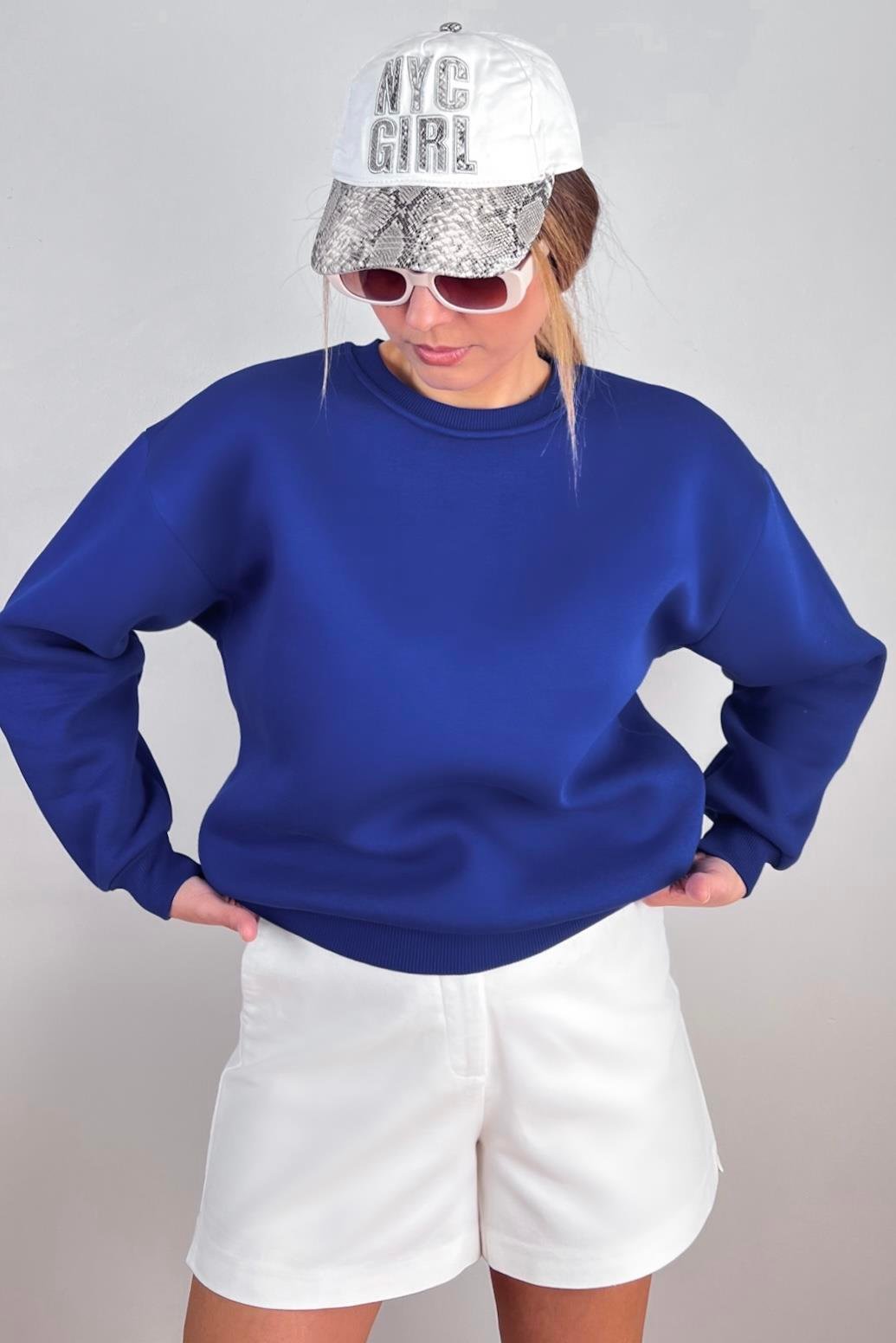 Kadın Cozy İçi Polarlı Saks Mavi Basic Bisiklet Yaka Pamuklu Kalın Örme Sweatshirt