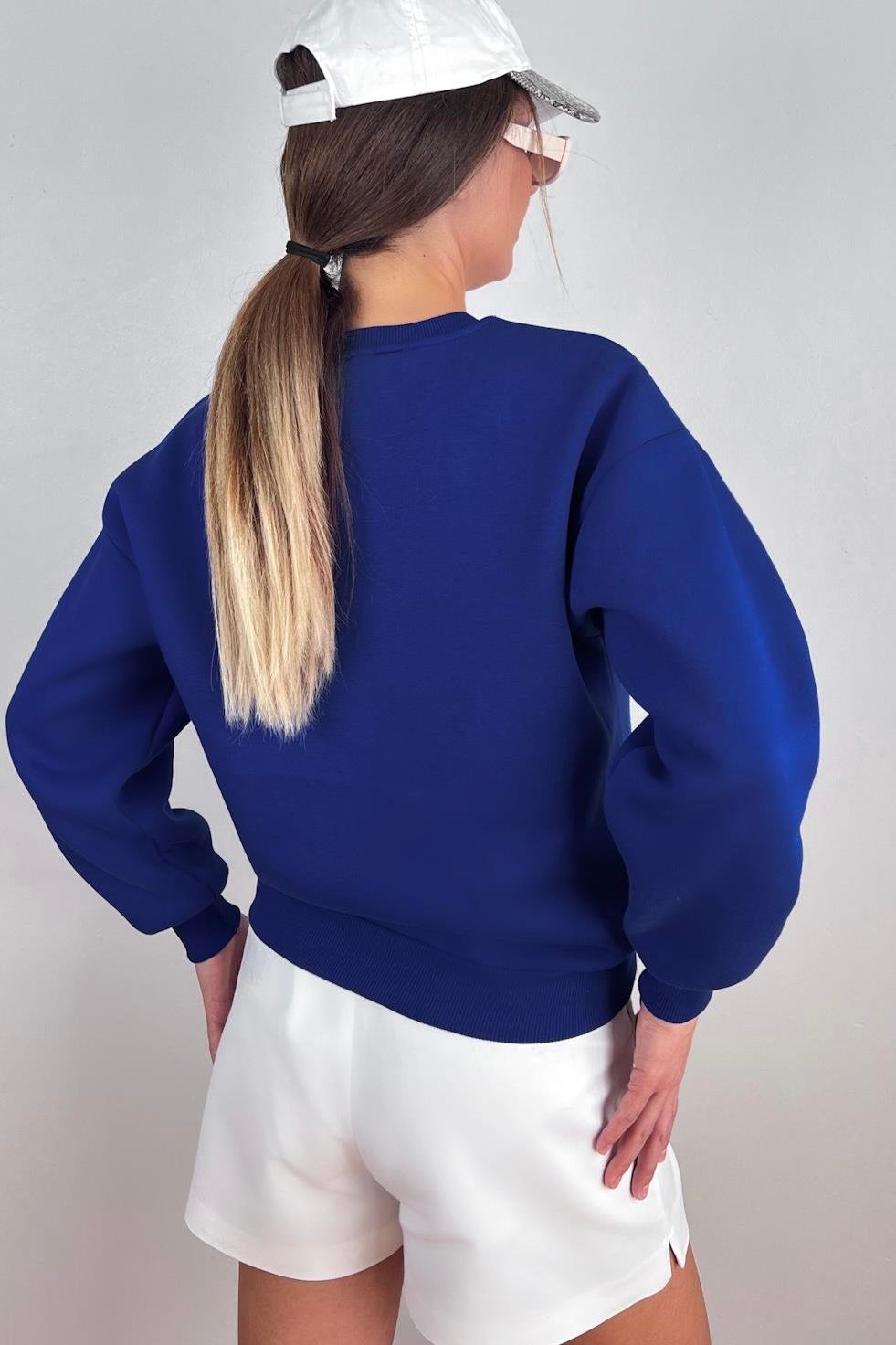 Kadın Cozy İçi Polarlı Saks Mavi Basic Bisiklet Yaka Pamuklu Kalın Örme Sweatshirt