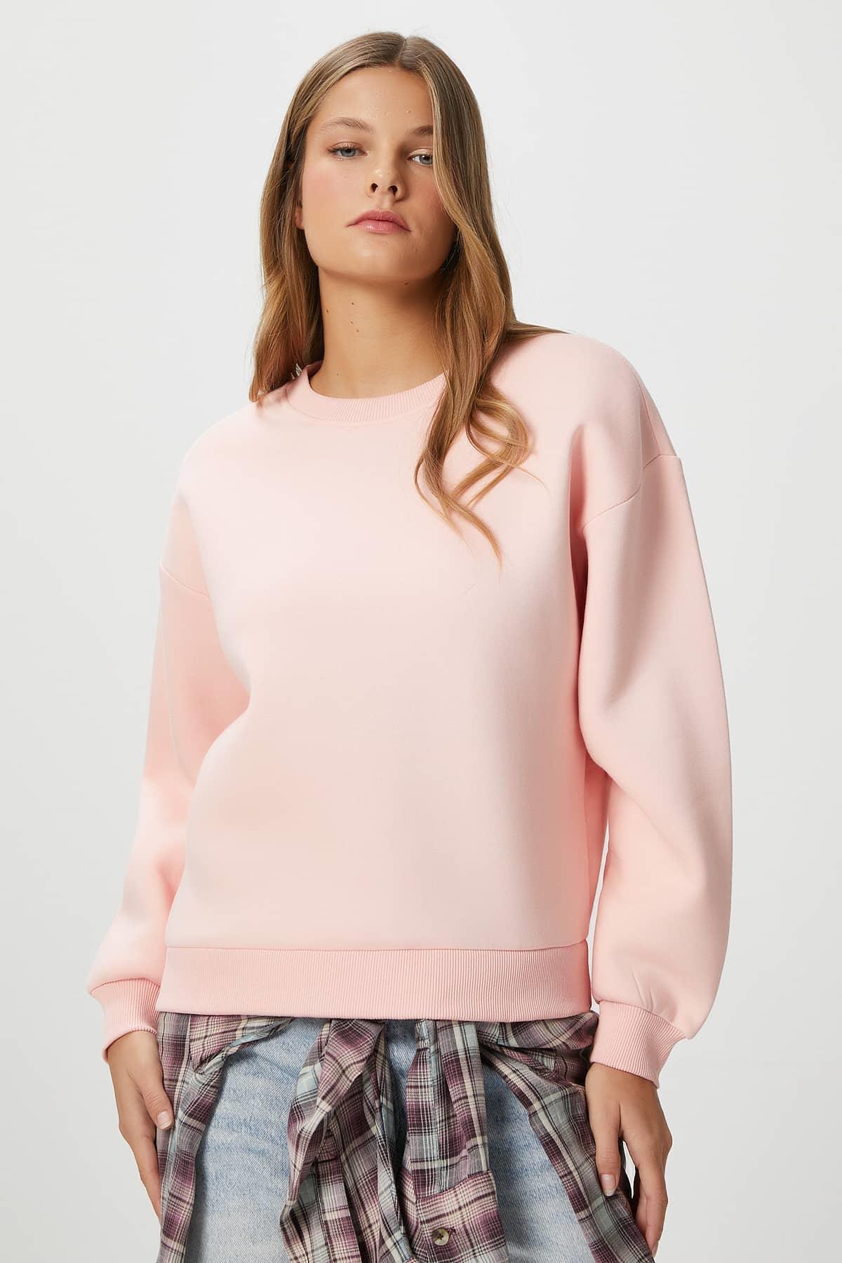 Kadın Cozy İçi Polarlı Soft Pembe Basic Bisiklet Yaka Pamuklu Kalın Örme Sweatshirt