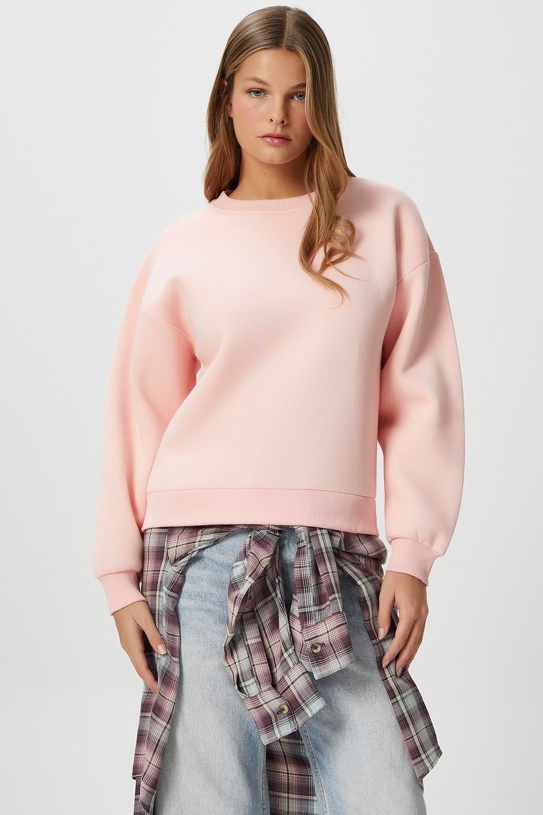 Kadın Cozy İçi Polarlı Soft Pembe Basic Bisiklet Yaka Pamuklu Kalın Örme Sweatshirt