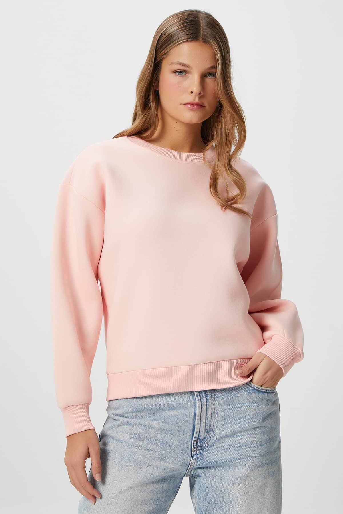 Kadın Cozy İçi Polarlı Soft Pembe Basic Bisiklet Yaka Pamuklu Kalın Örme Sweatshirt