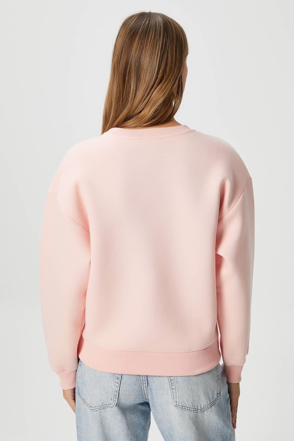 Kadın Cozy İçi Polarlı Soft Pembe Basic Bisiklet Yaka Pamuklu Kalın Örme Sweatshirt