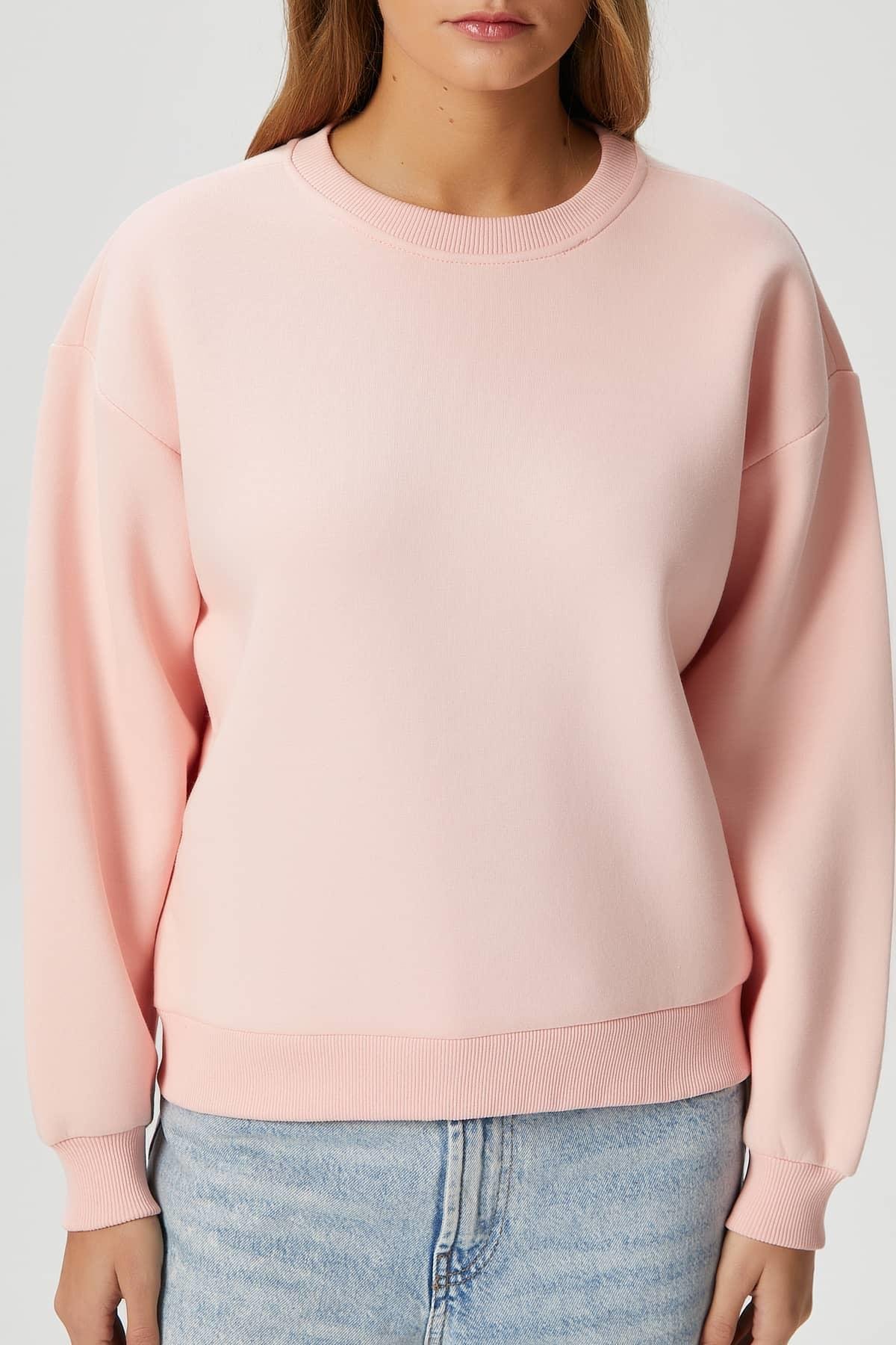 Kadın Cozy İçi Polarlı Soft Pembe Basic Bisiklet Yaka Pamuklu Kalın Örme Sweatshirt