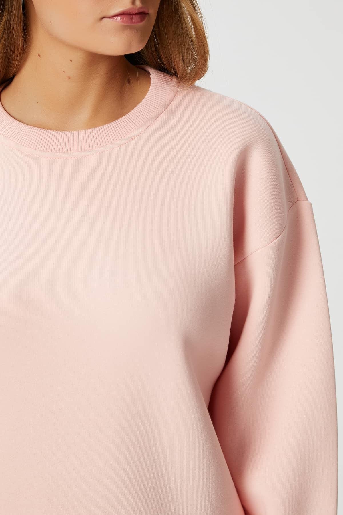 Kadın Cozy İçi Polarlı Soft Pembe Basic Bisiklet Yaka Pamuklu Kalın Örme Sweatshirt