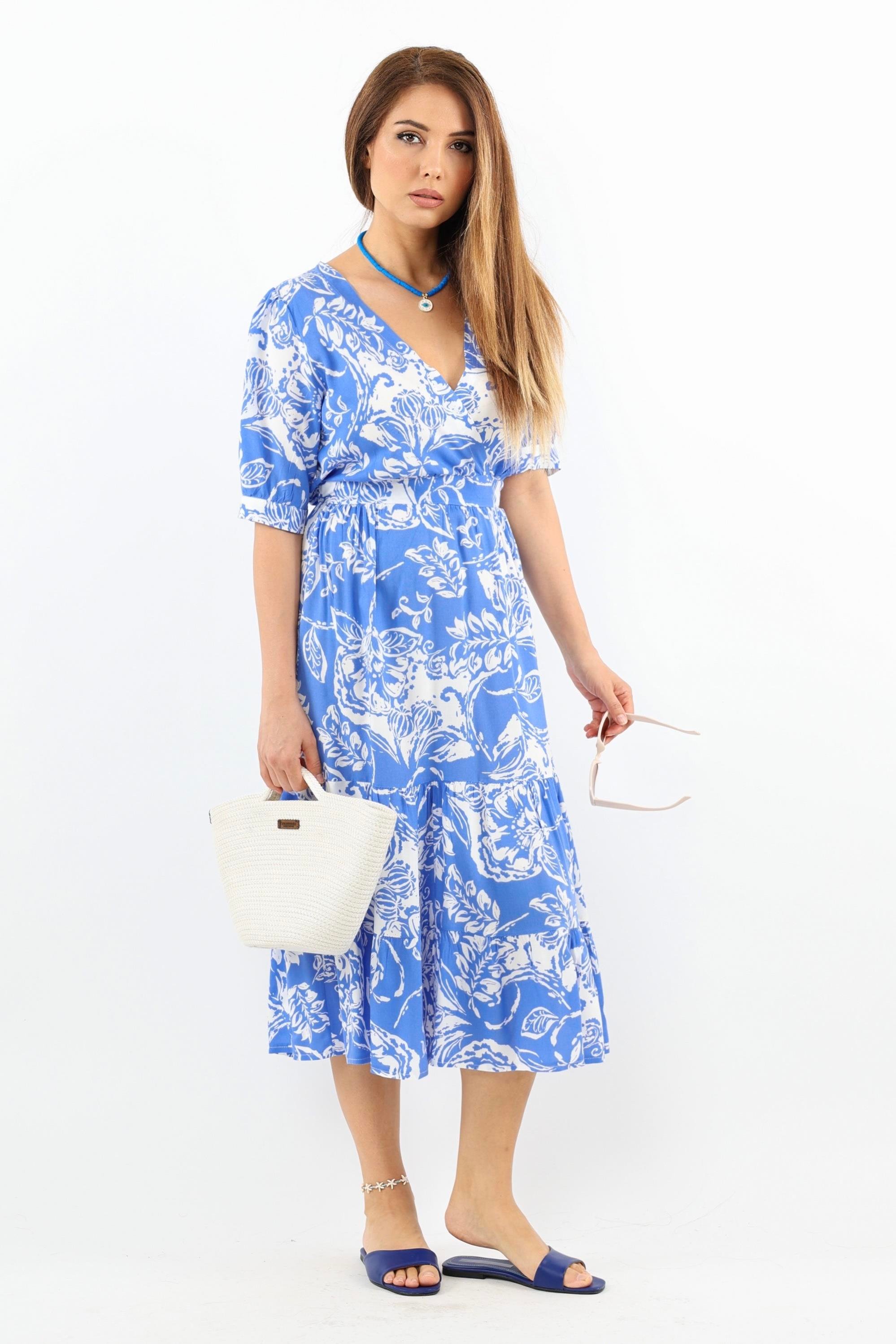 Kadın Cruise Bel Lastikli Mavi Viskon Midi Elbise