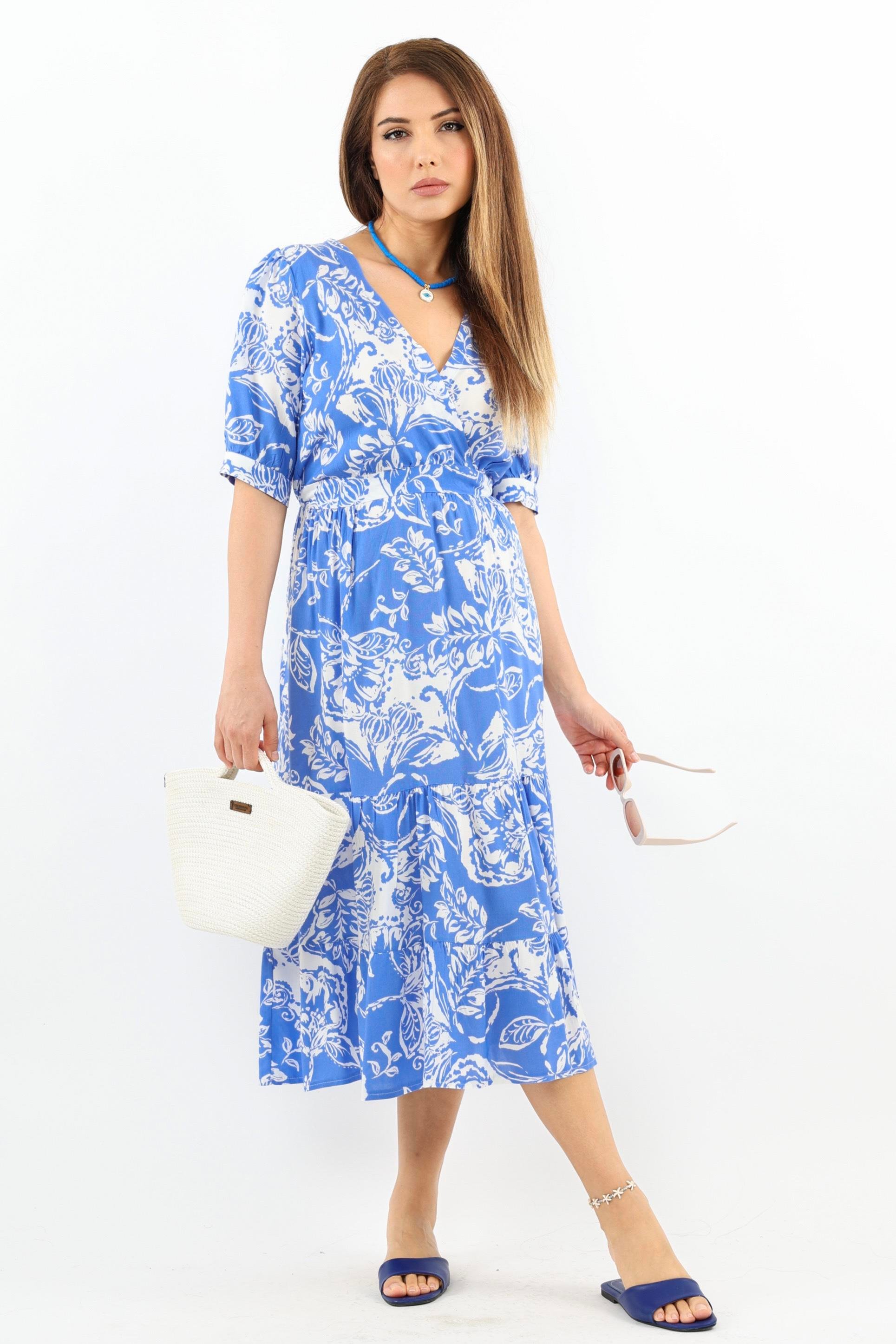 Kadın Cruise Bel Lastikli Mavi Viskon Midi Elbise