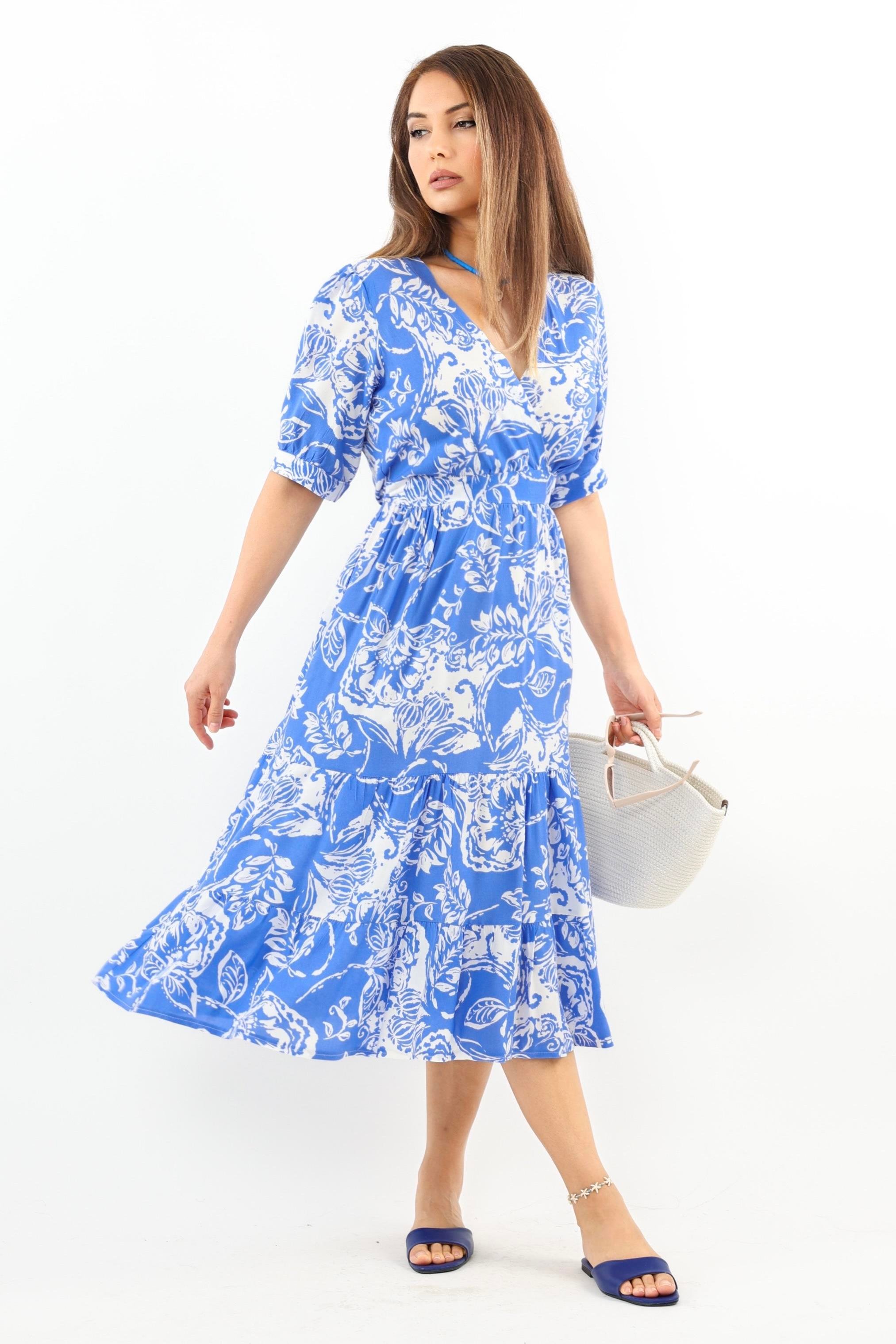 Kadın Cruise Bel Lastikli Mavi Viskon Midi Elbise