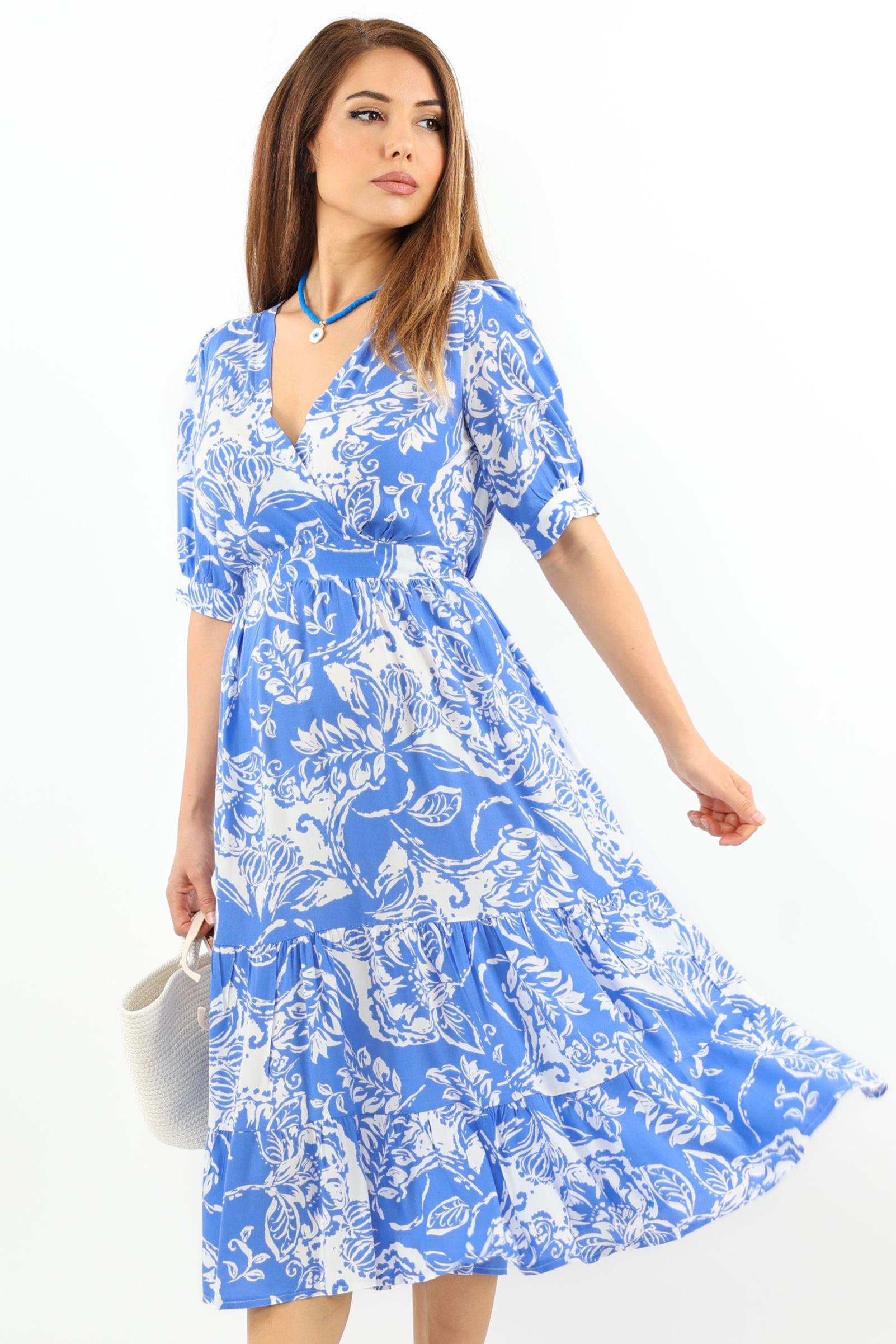 Kadın Cruise Bel Lastikli Mavi Viskon Midi Elbise