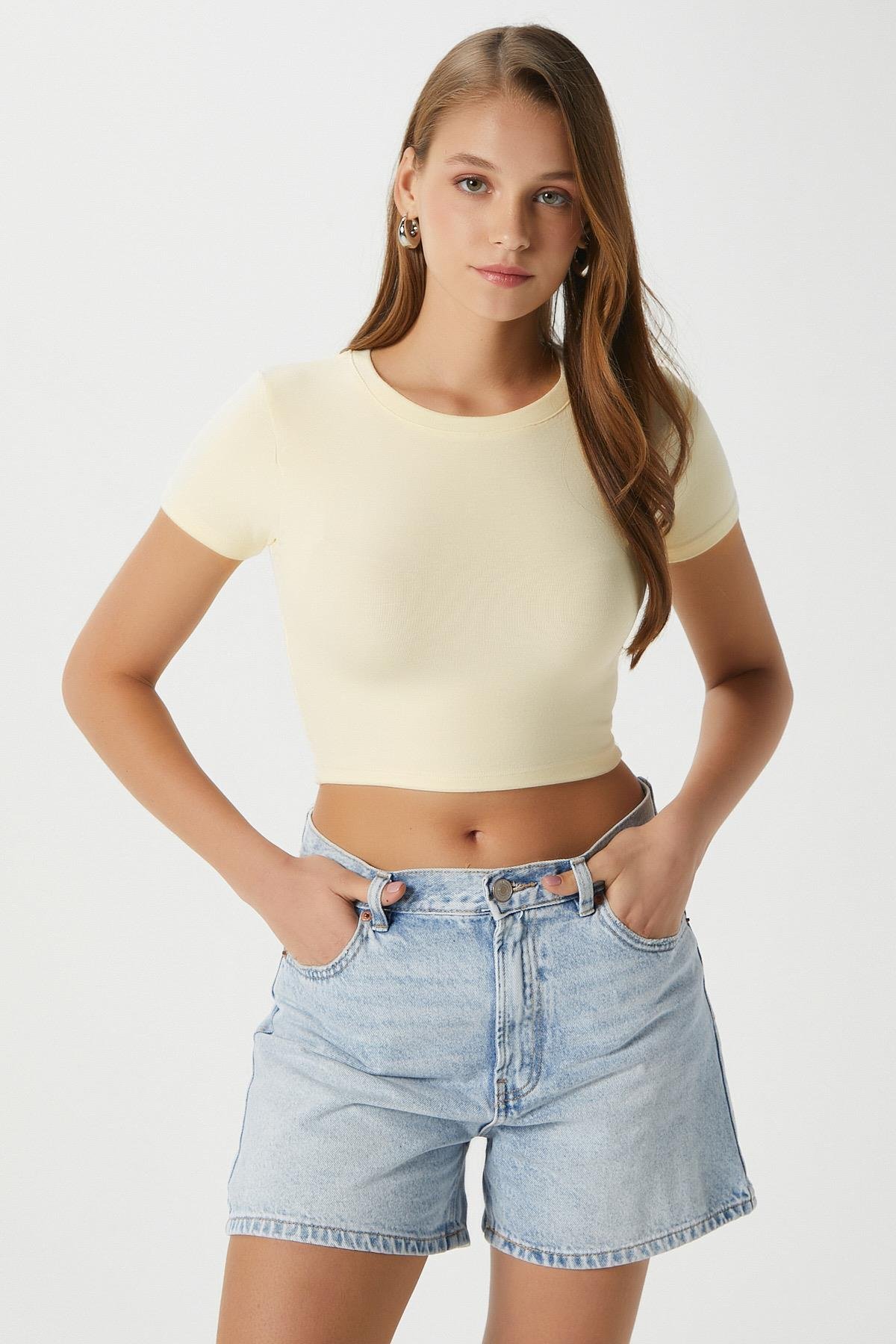 Kadın Deal Lux Touch Yumuşak Doku Crop Tereyağı Sarısı Bluz