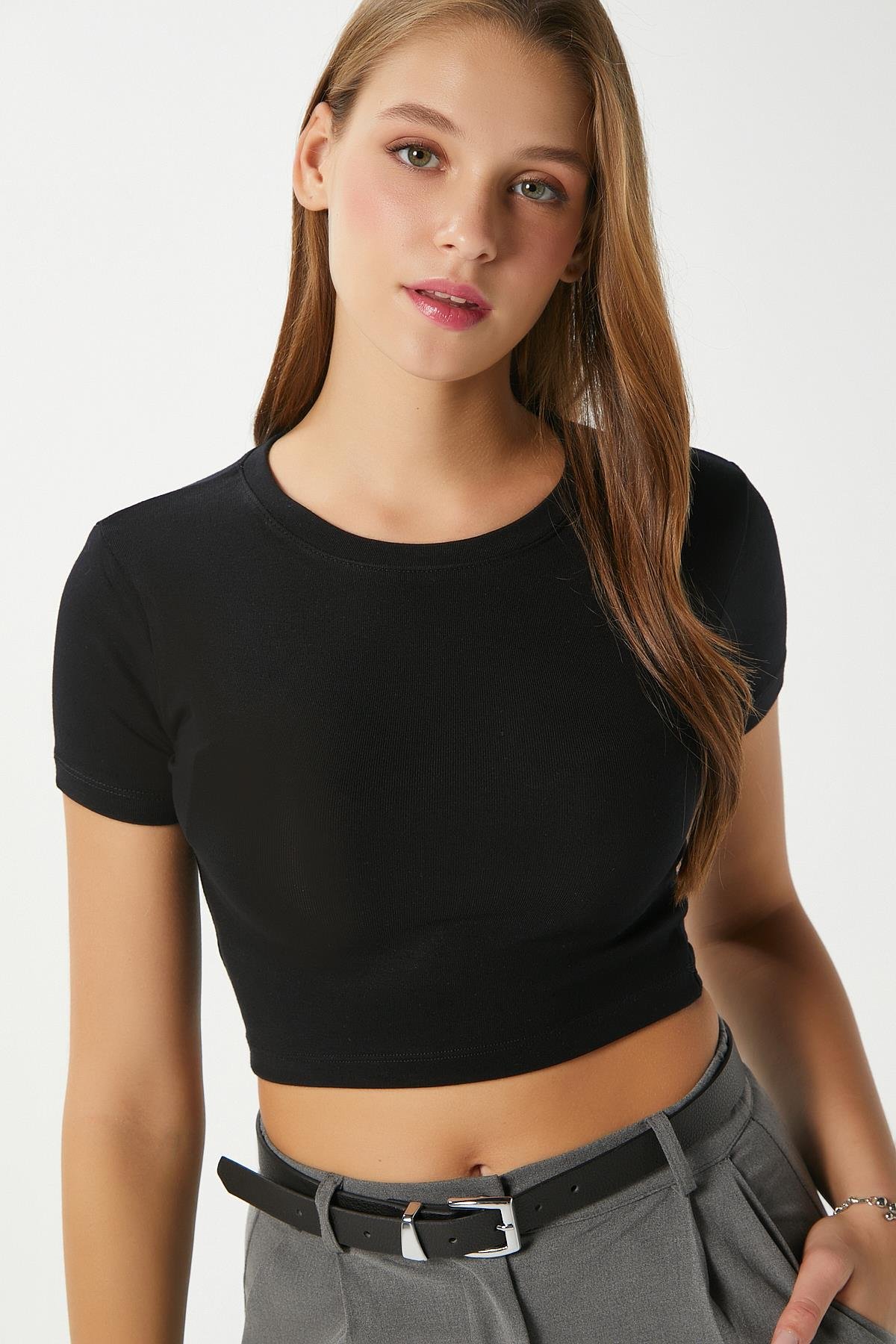 Kadın Deal Lux Touch Yumuşak Doku Crop Siyah Bluz
