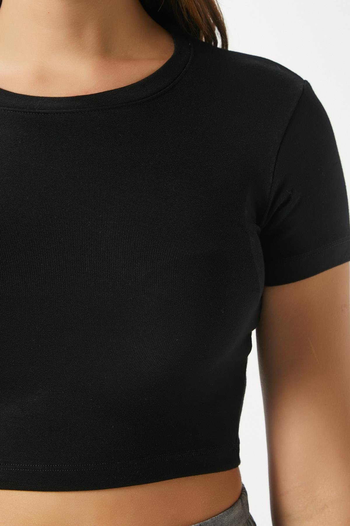Kadın Deal Lux Touch Yumuşak Doku Crop Siyah Bluz
