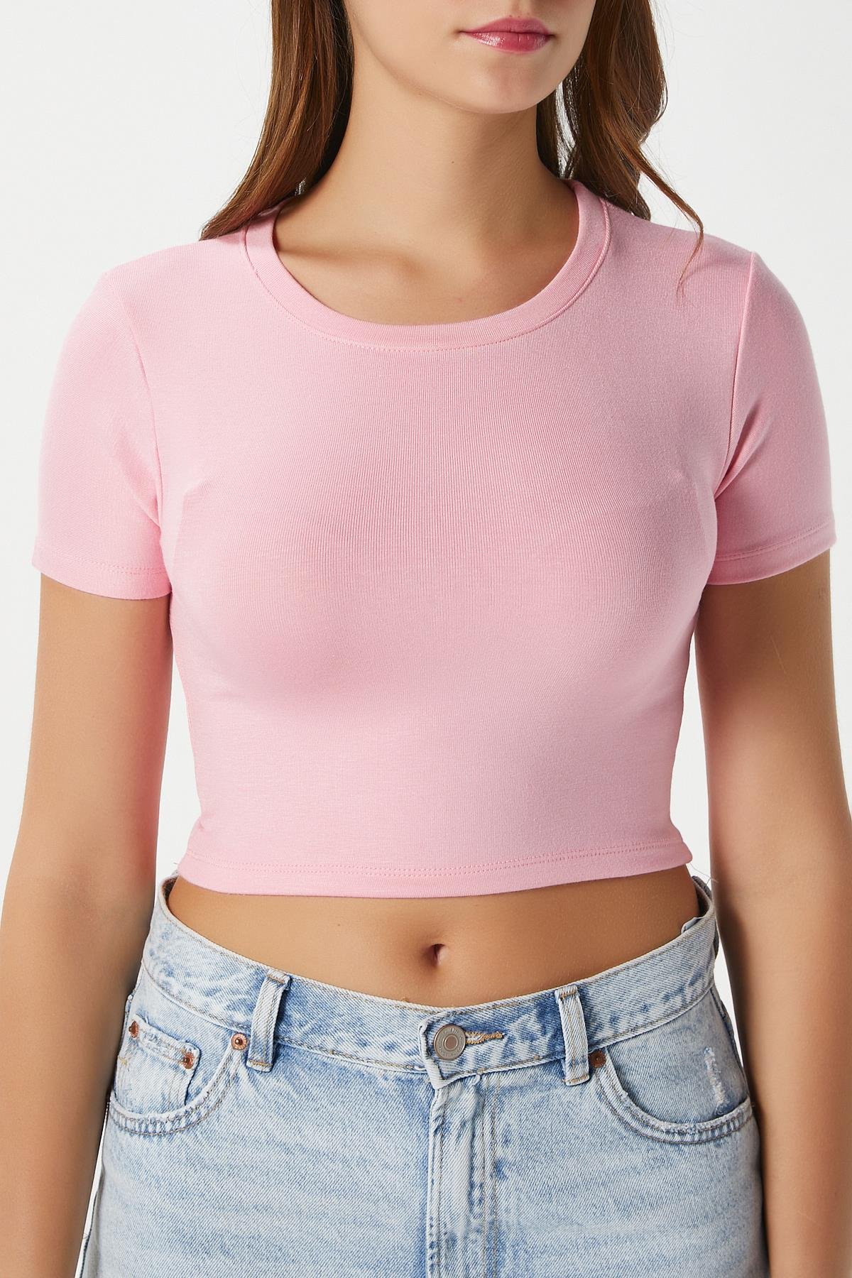 Kadın Deal Lux Touch Yumuşak Doku Crop Pembe Bluz