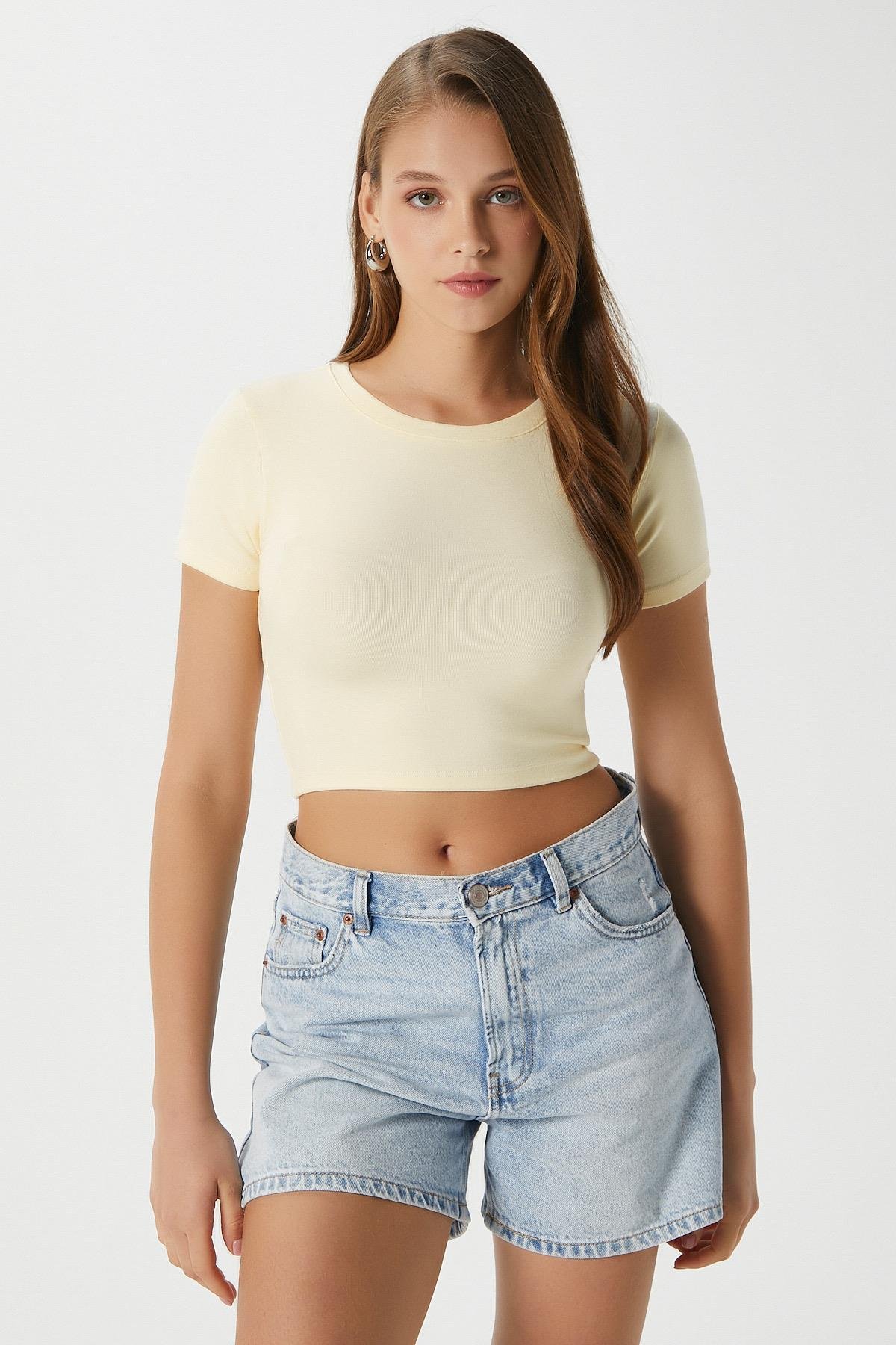 Kadın Deal Lux Touch Yumuşak Doku Crop Tereyağı Sarısı Bluz
