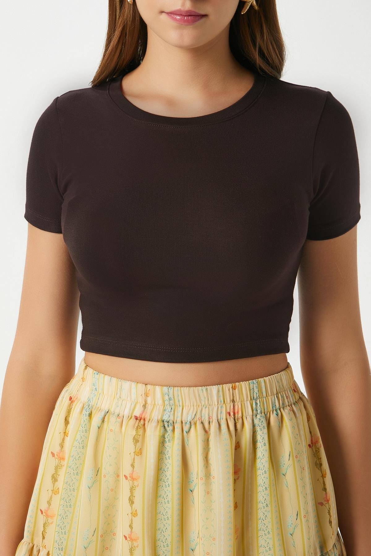 Kadın Deal Lux Touch Yumuşak Doku Crop Kahve Bluz