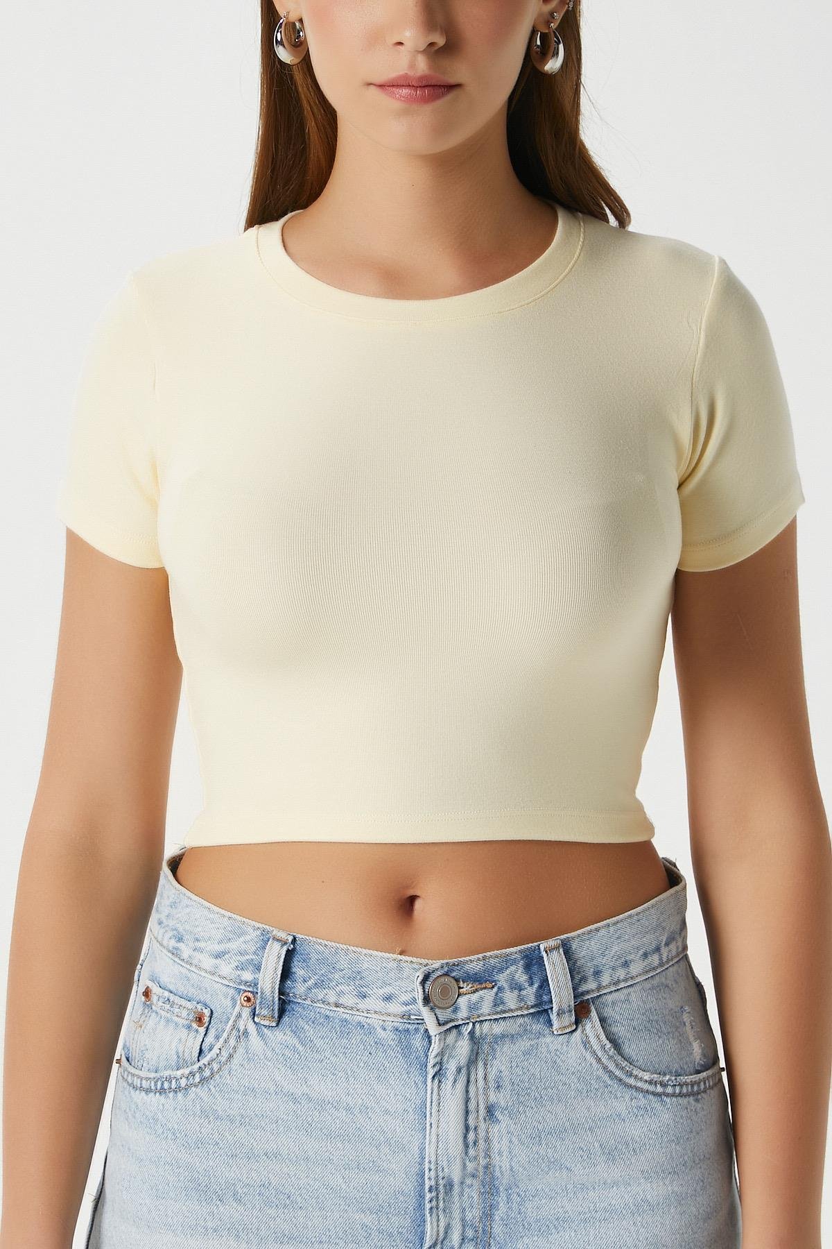 Kadın Deal Lux Touch Yumuşak Doku Crop Tereyağı Sarısı Bluz